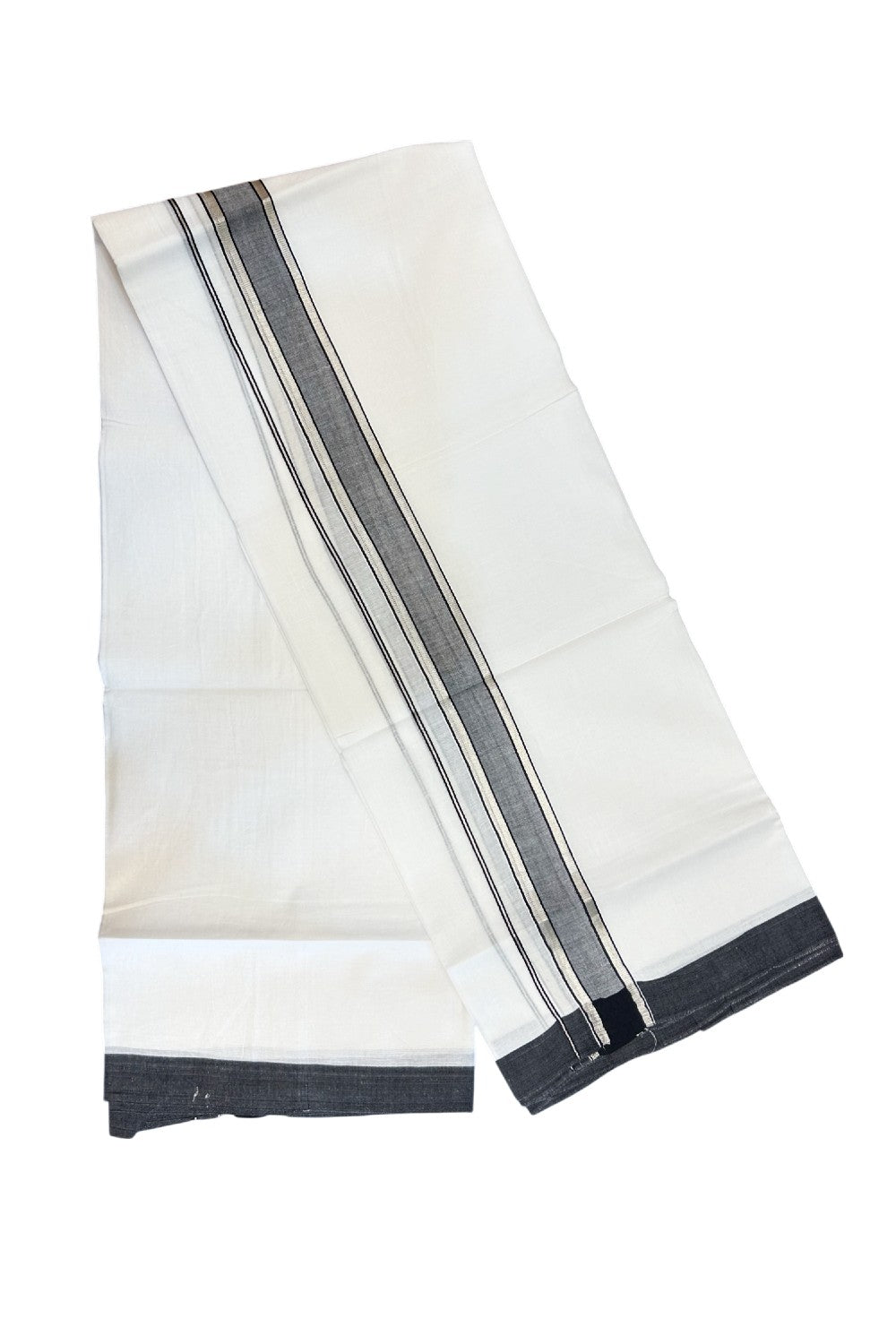 20% DISCOUNT! KaithariKada Balaramapuram 100% Cotton Double Pure white Mundu/Dhoti- 60s - 1.5 inch Silver Kasavu & Black Shaded Kara - 3.86mtr ( 8 muzham) - 38KK5227 PMC