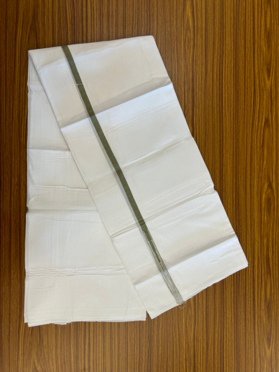 20% DISCOUNT!! NEW!! KaithariKada Balaramapuram 100% Cotton PURE WHITE Double Mundu/Dhoti - (100x80)s - 0.5 inch Sage Green Kara chutty - 38 KK5249 VIN