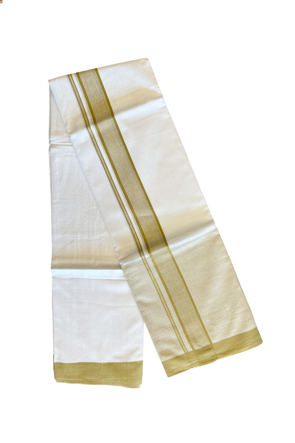 15% DISCOUNT!! Kaitharikada Balaramapuram 100% Cotton PURE WHITE Double Mundu/Dothi-100x100 2.25 Inch LIGHT YELLOW SHADED Cotton Kara - 38KK74RAM
