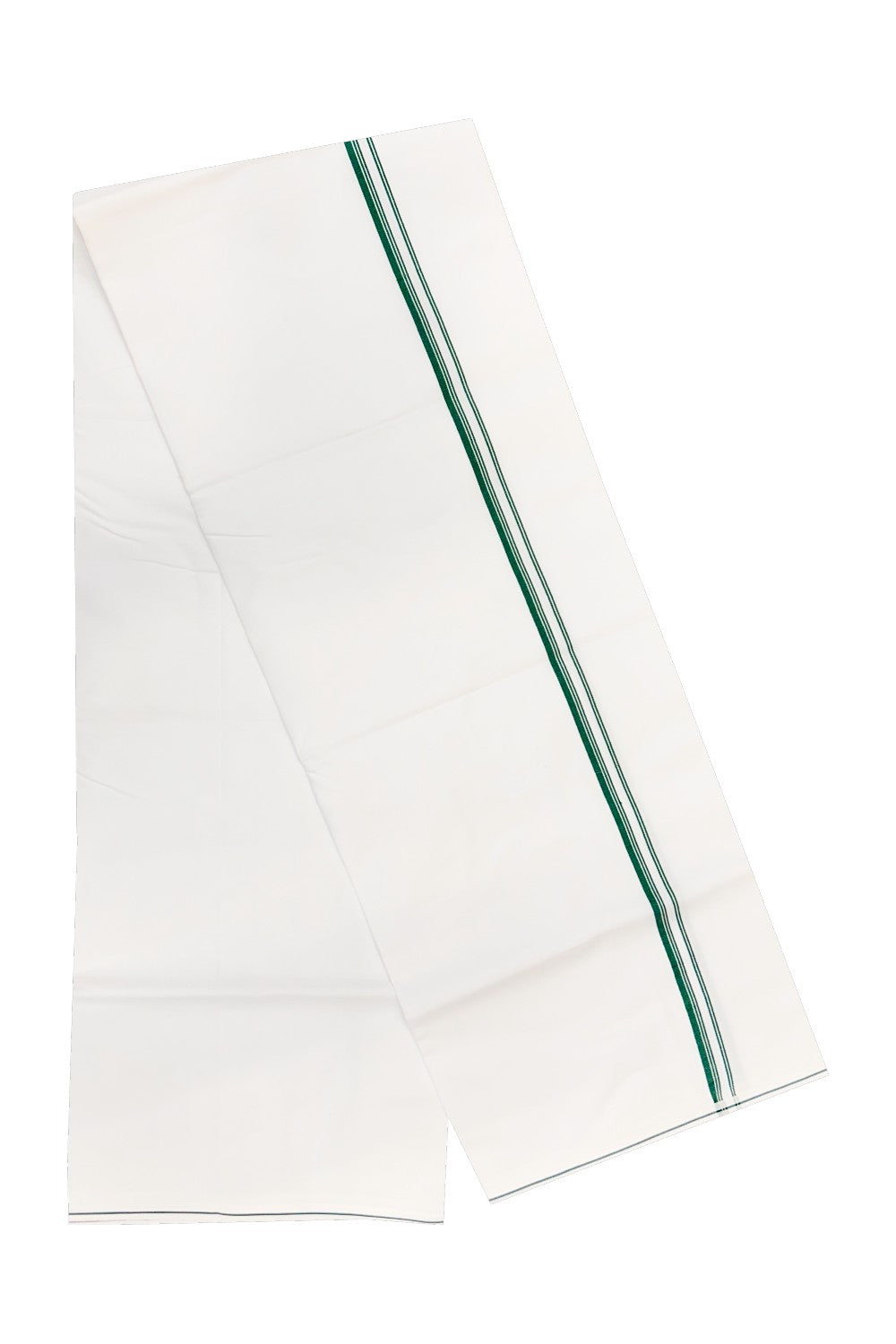 20% OFFER!! KaithariKada 100% Cotton ULTRA WHITE SINGLE Mundu/Dhoti-120X120 Dark Green Stripes 1.5 cm (2 meter / 4 muzham) Kara- 38sar