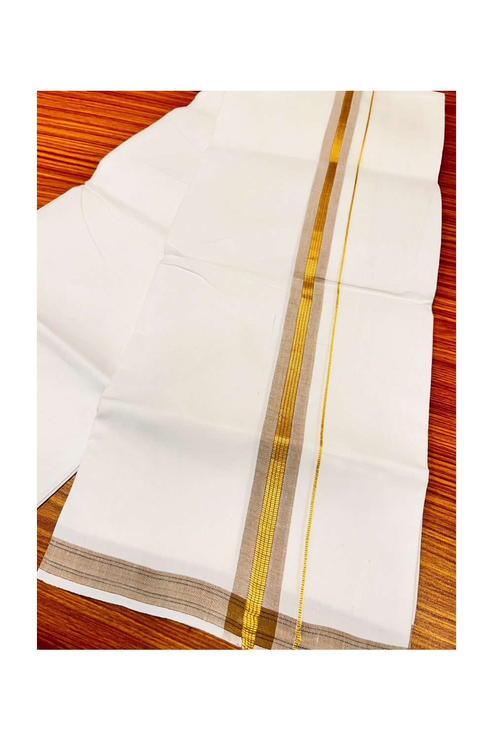 25% OFFER! KaithariKada 100% Cotton Balaramapuram HANDLOOM Single PURE WHITE Mundu/Dhoti - 1.75 inch(2 meter / 4 muzham) Light Brown Kasavu Kara - 38KAI.