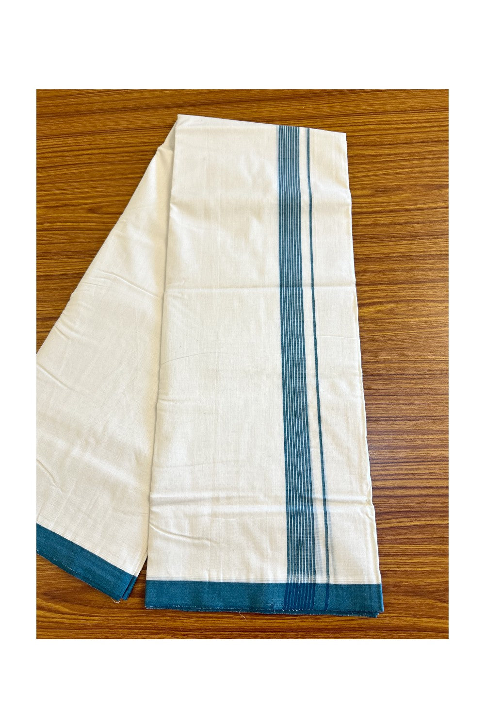30% Discount!!! KaithariKada HANDLOOM UNAKKUPAAV Balaramapuram - 100% PURE Cotton off white (Unbleached) Double Mundu/Dhoti - Peacock green striped kara - 38KK458SOM