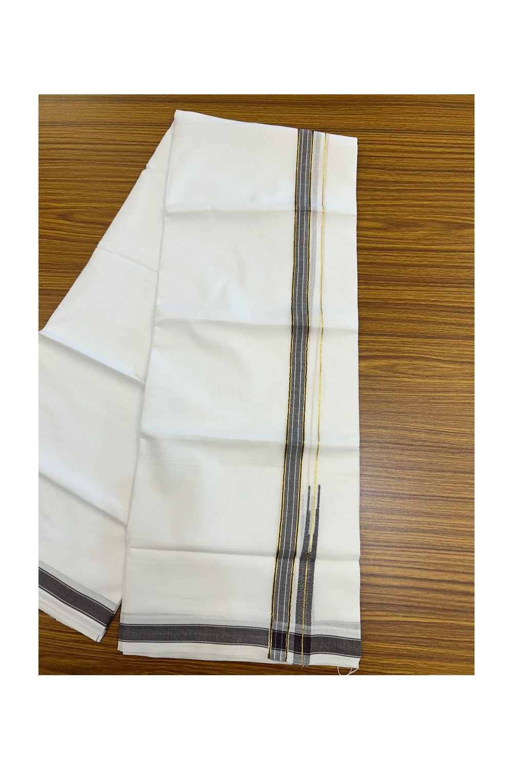 20% DISCOUNT!! Kaitharikada Balaramapuram 100% Pure Cotton PURE WHITE Double Mundu/Dothi - 100x80 - 0.75 Inch Dark Brown & Gold Kasavu shaded Stripes Puliyilakkara Chutty - 38KK5217 CKS