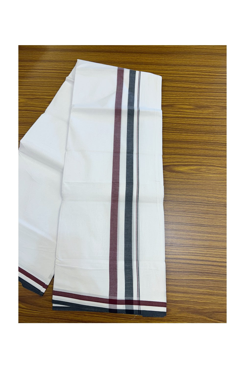 ADMK VESHTI - 20% DISCOUNT! KaithariKada 100% Cotton PURE WHITE Double Mundu/Dhoti - 100X100 - 2 inch Black White & Maroon kara 4 mtr (8.5 muzham) - 37KK5224 ASH