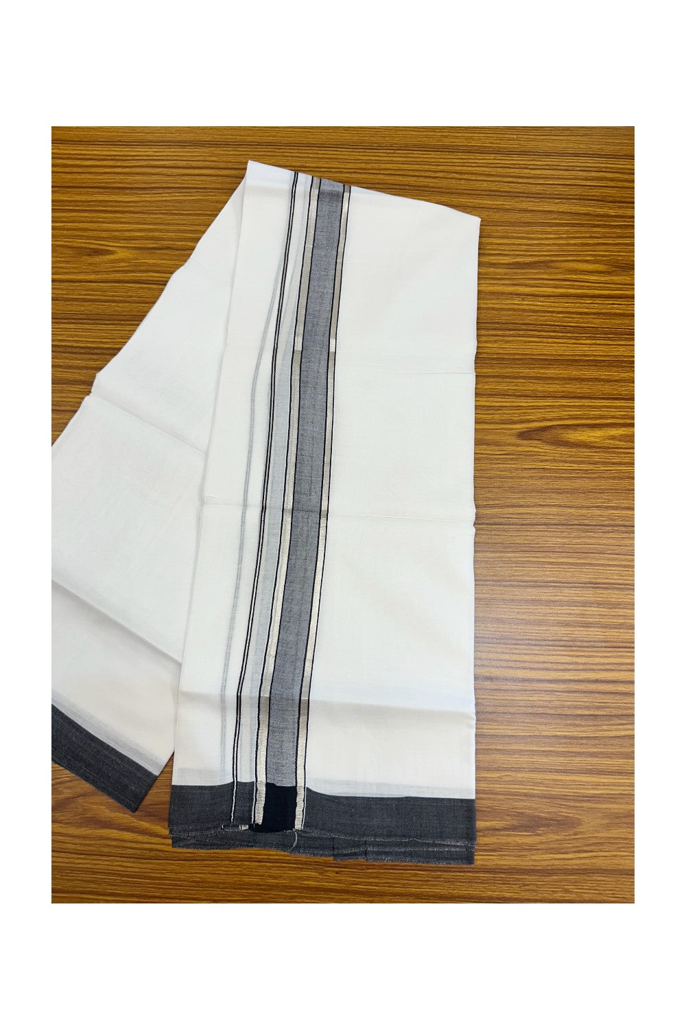 20% DISCOUNT! KaithariKada Balaramapuram 100% Cotton Double Pure white Mundu/Dhoti- 60s - 1.5 inch Silver Kasavu & Black Shaded Kara - 3.86mtr ( 8 muzham) - 38KK5227 PMC