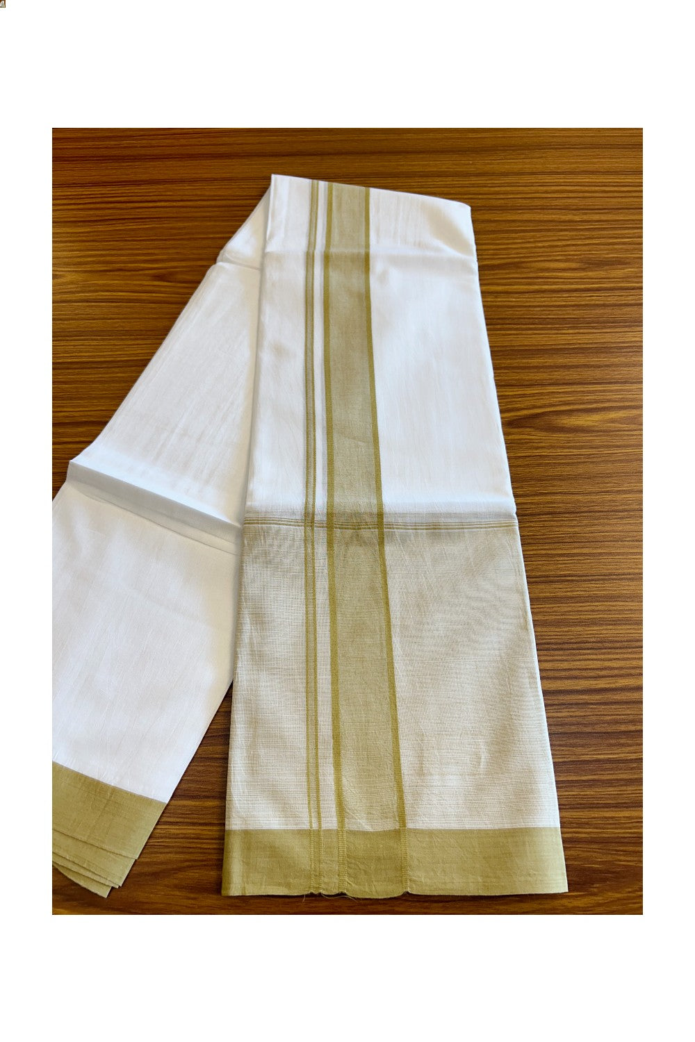 15% DISCOUNT!! Kaitharikada Balaramapuram 100% Cotton PURE WHITE Double Mundu/Dothi-100x100 2.25 Inch LIGHT YELLOW SHADED Cotton Kara - 38KK74RAM
