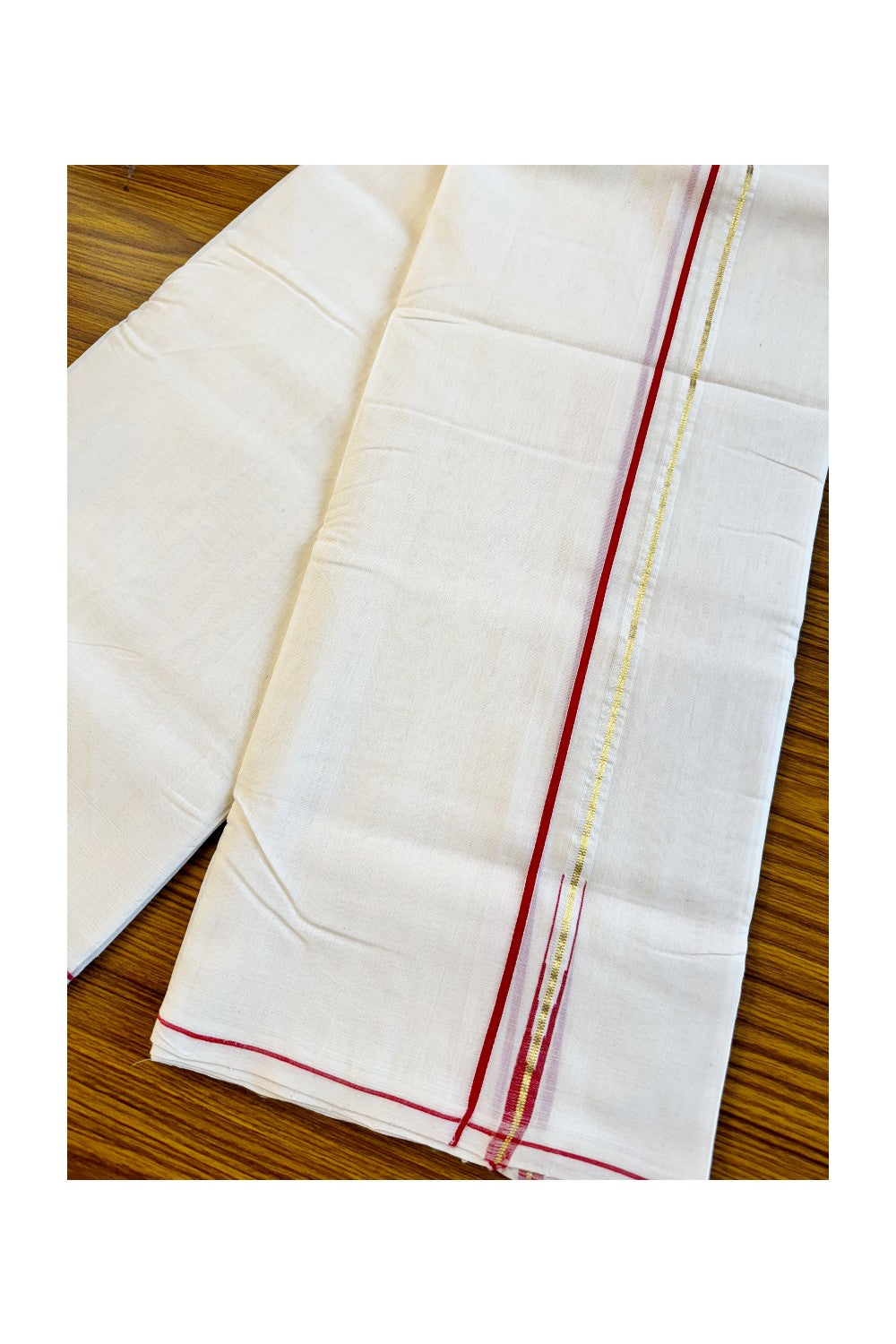 22% DISCOUNT!! KaithariKada HANDLOOM Unakkupaavu Balaramapuram - 100% PURE Cotton OFF White (Unbleached) Double Mundu/Dothi - RED KASAVU PULIYILAKKARA 1.cm Kara- KK46SOM-38.