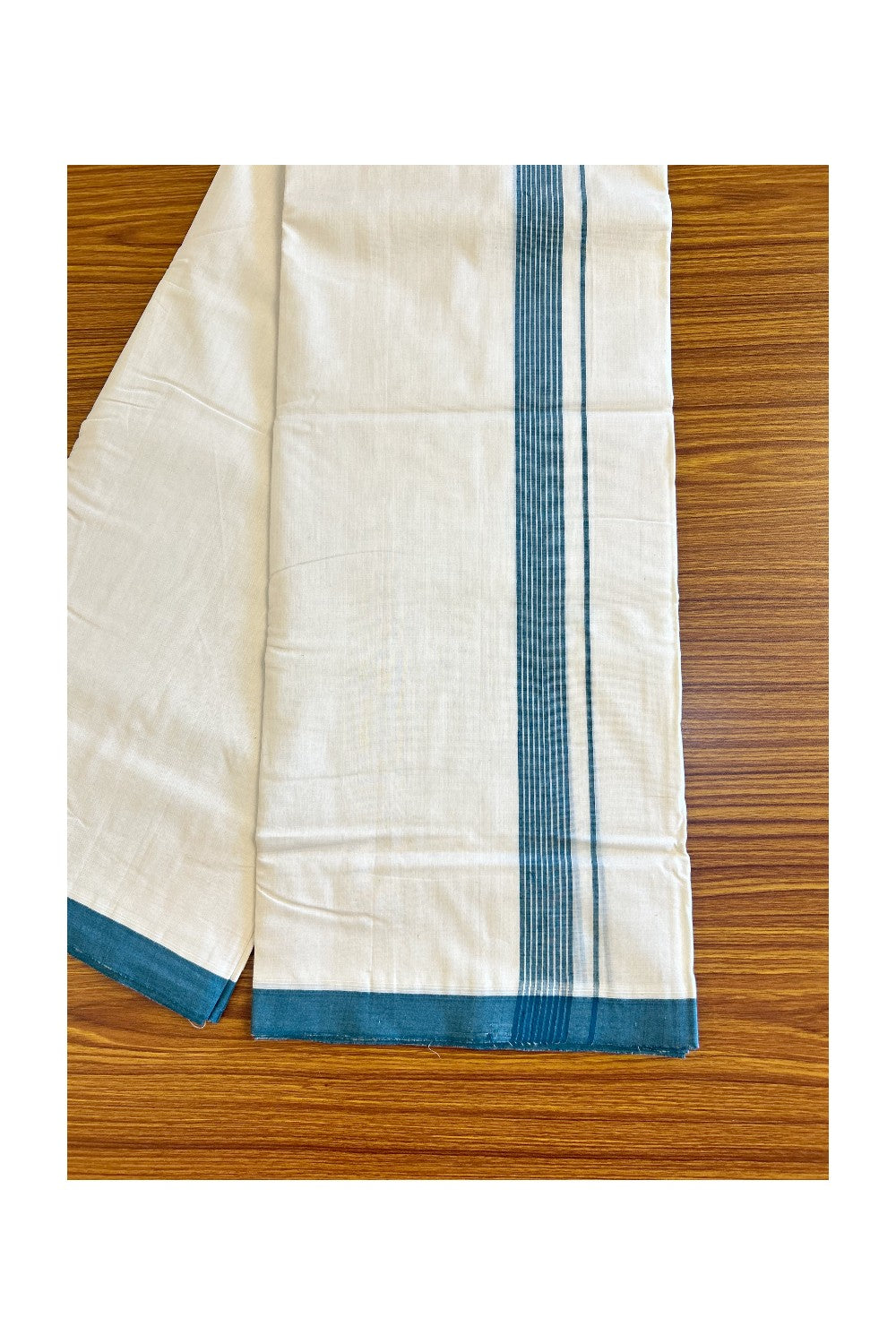 30% Discount!!! KaithariKada HANDLOOM UNAKKUPAAV Balaramapuram - 100% PURE Cotton off white (Unbleached) Double Mundu/Dhoti - Peacock green striped kara - 38KK458SOM