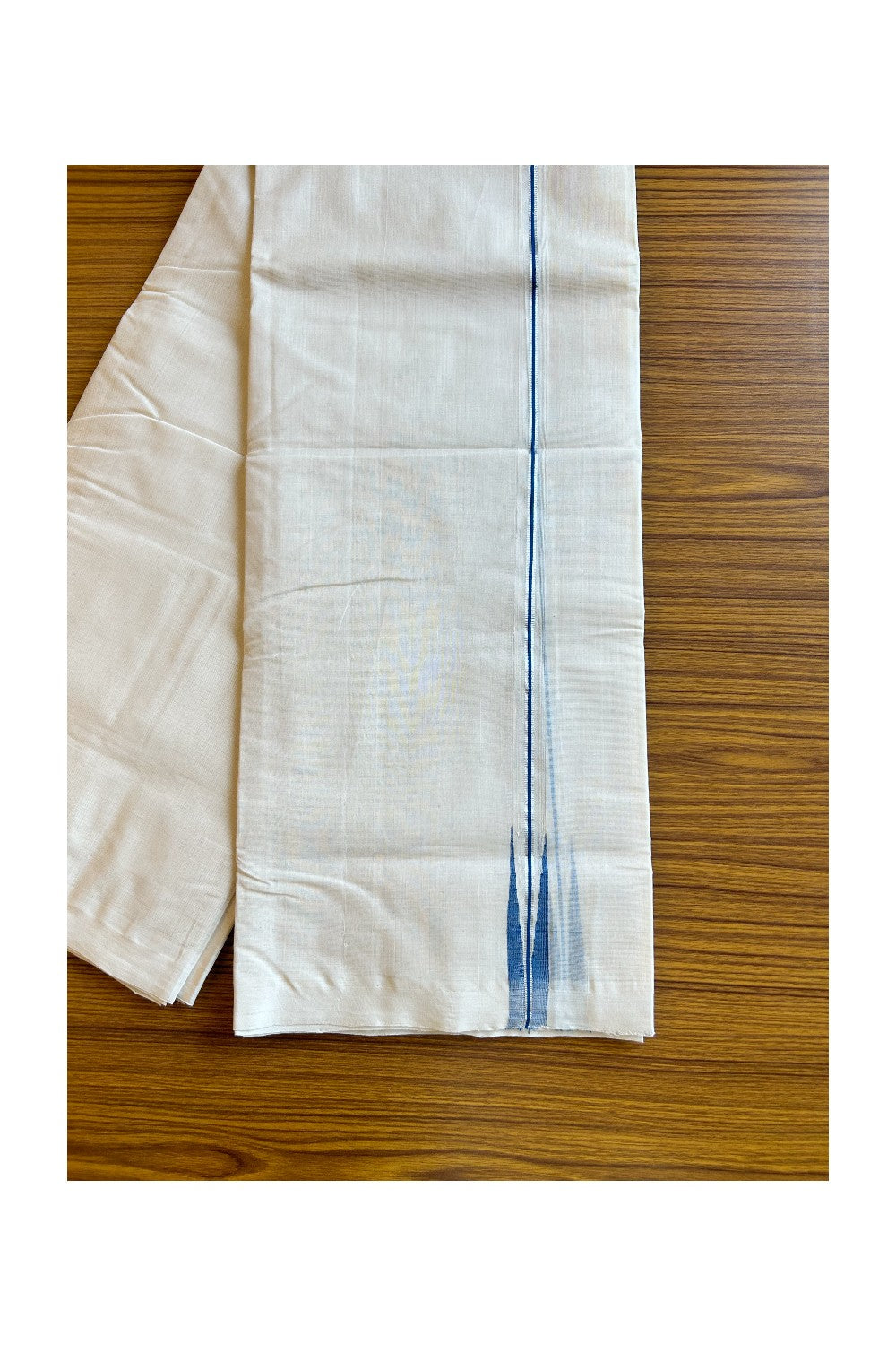 30% DISCOUNT!! KaithariKada HANDLOOM Millpaav Balaramapuram - 100% PURE Cotton OFF White - (Unbleched) Double Mundu/Dothi - 2 cm Puliyilakkara silver kasavu Peacock blue chutty - 38KK462RAM