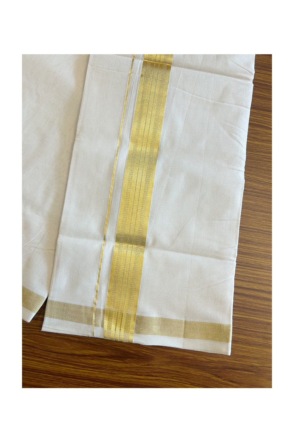 25% Discount! KaithariKada Handloom Unakkupaav Kerala - 100% Pure Cotton Off White (Unbleached) Double Mundu/Dhoti - 2.25 Inch Kasav Stripes Kara - 5KK71RAM