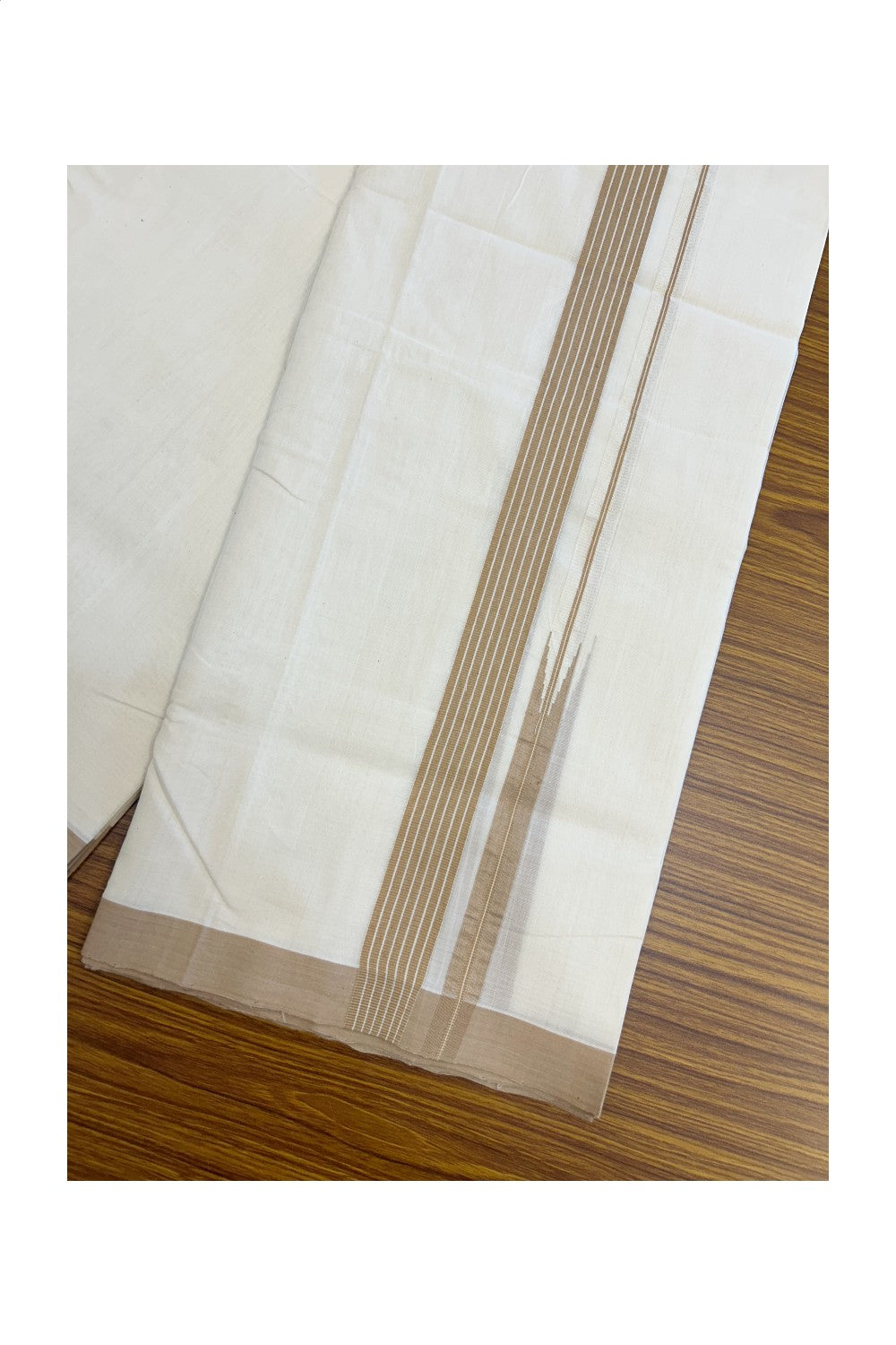 25% DISCOUNT!! KaithariKada HANDLOOM UNAKKUPAAV Balaramapuram - 100% PURE Cotton OFF White - (Unbleached) Double Mundu/Dothi - 80X100 - 1.25 inch Puliyilakkara Sand Brown Striped Chutty Kara 3.80 meter (8.5 Muzham) - 38KK5209 REA