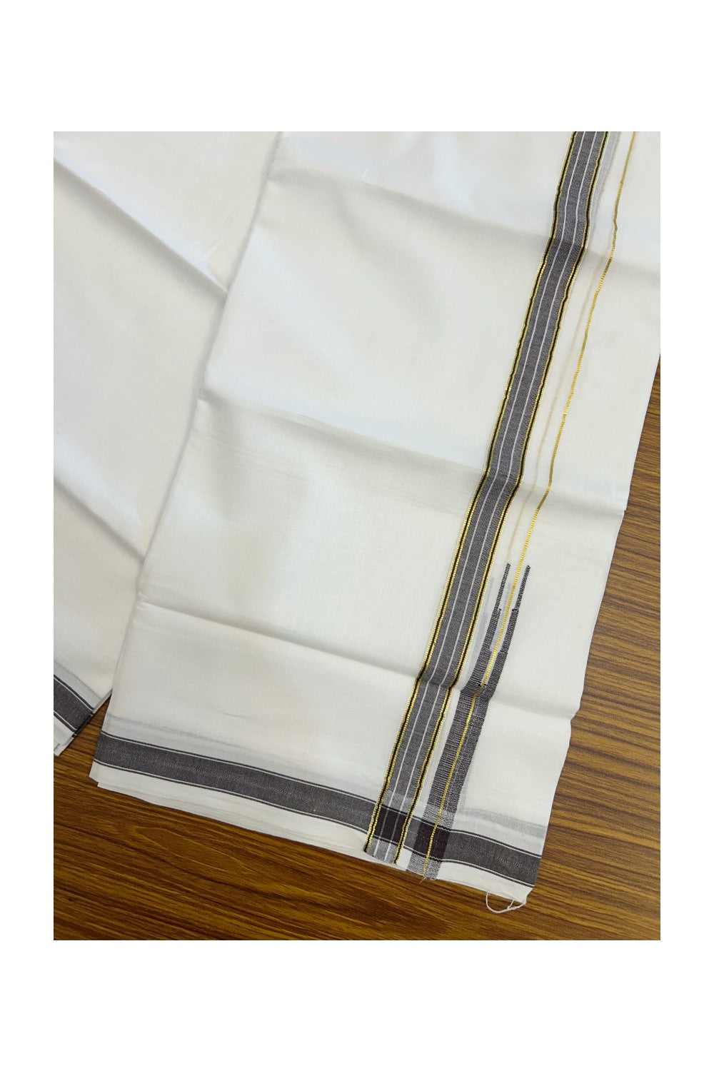 20% DISCOUNT!! Kaitharikada Balaramapuram 100% Pure Cotton PURE WHITE Double Mundu/Dothi - 100x80 - 0.75 Inch Dark Brown & Gold Kasavu shaded Stripes Puliyilakkara Chutty - 38KK5217 CKS