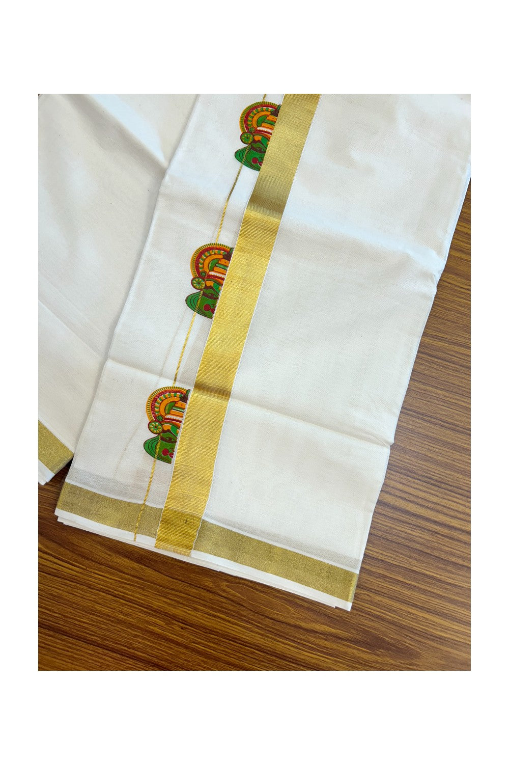 22% Discount!! KaithariKada Balaramapuram 100% Cotton Double Off White - (Ubleached) Mundu/Dhoti - 80x90 - 1 inch Gold Kasavu with Kathakali Printed Design Kara - 38KK5219 GAN