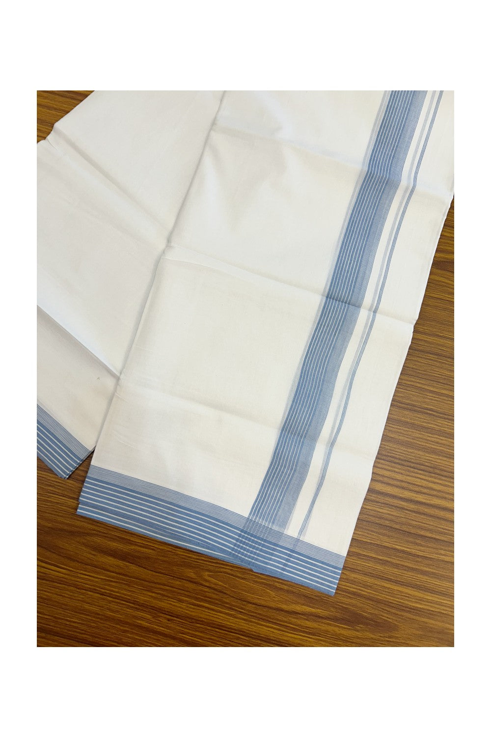 20% Discount ! Kaitharikada Balaramapuram 100% Cotton PURE WHITE Double Mundu/Dothi - 100x80 - 1.25 inch Dark Sky Blue Striped Kara 3.75 mtr (8 muzham) - 38KK5220 THI