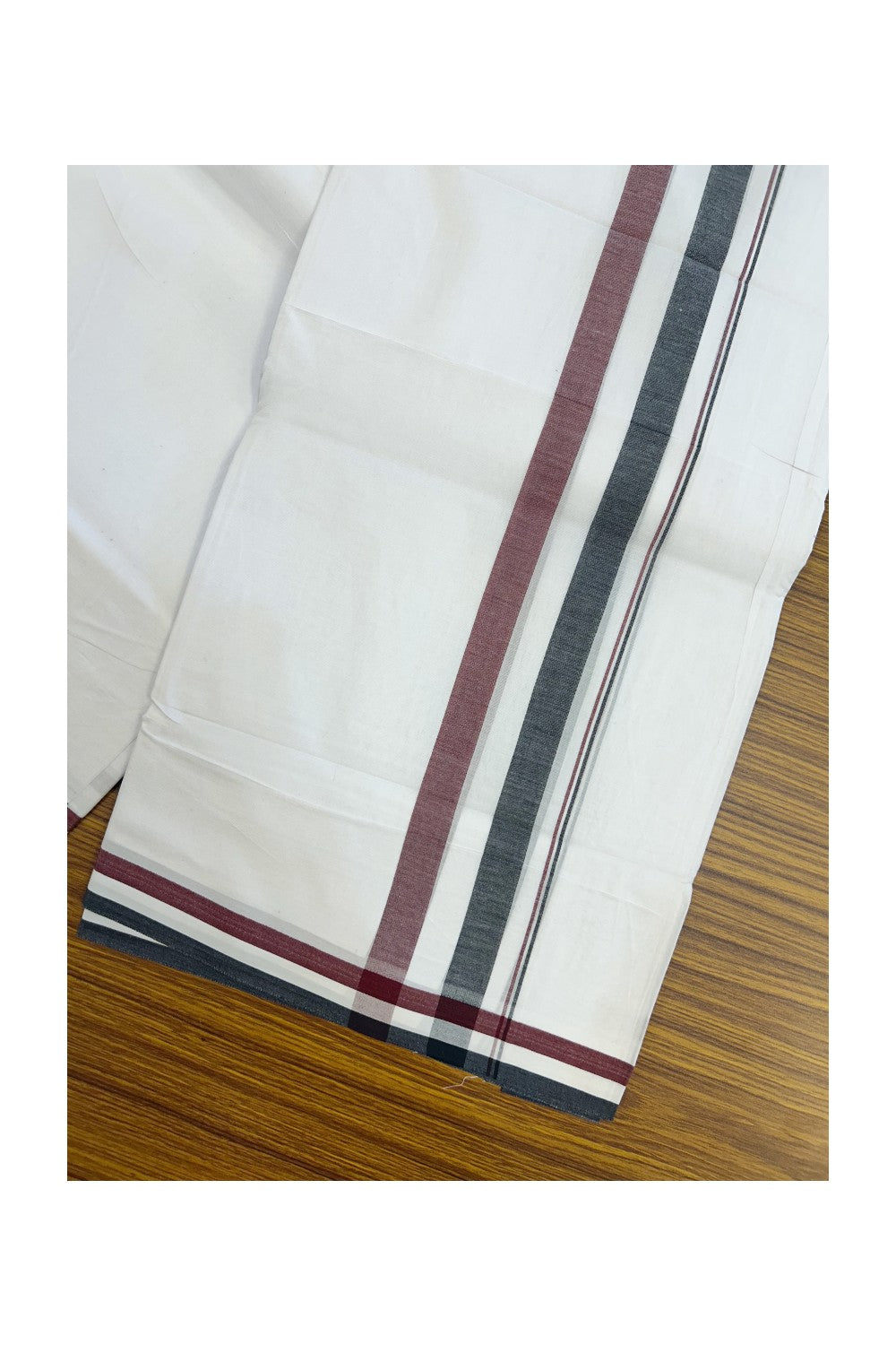 ADMK VESHTI - 20% DISCOUNT! KaithariKada 100% Cotton PURE WHITE Double Mundu/Dhoti - 100X100 - 2 inch Black White & Maroon kara 4 mtr (8.5 muzham) - 37KK5224 ASH