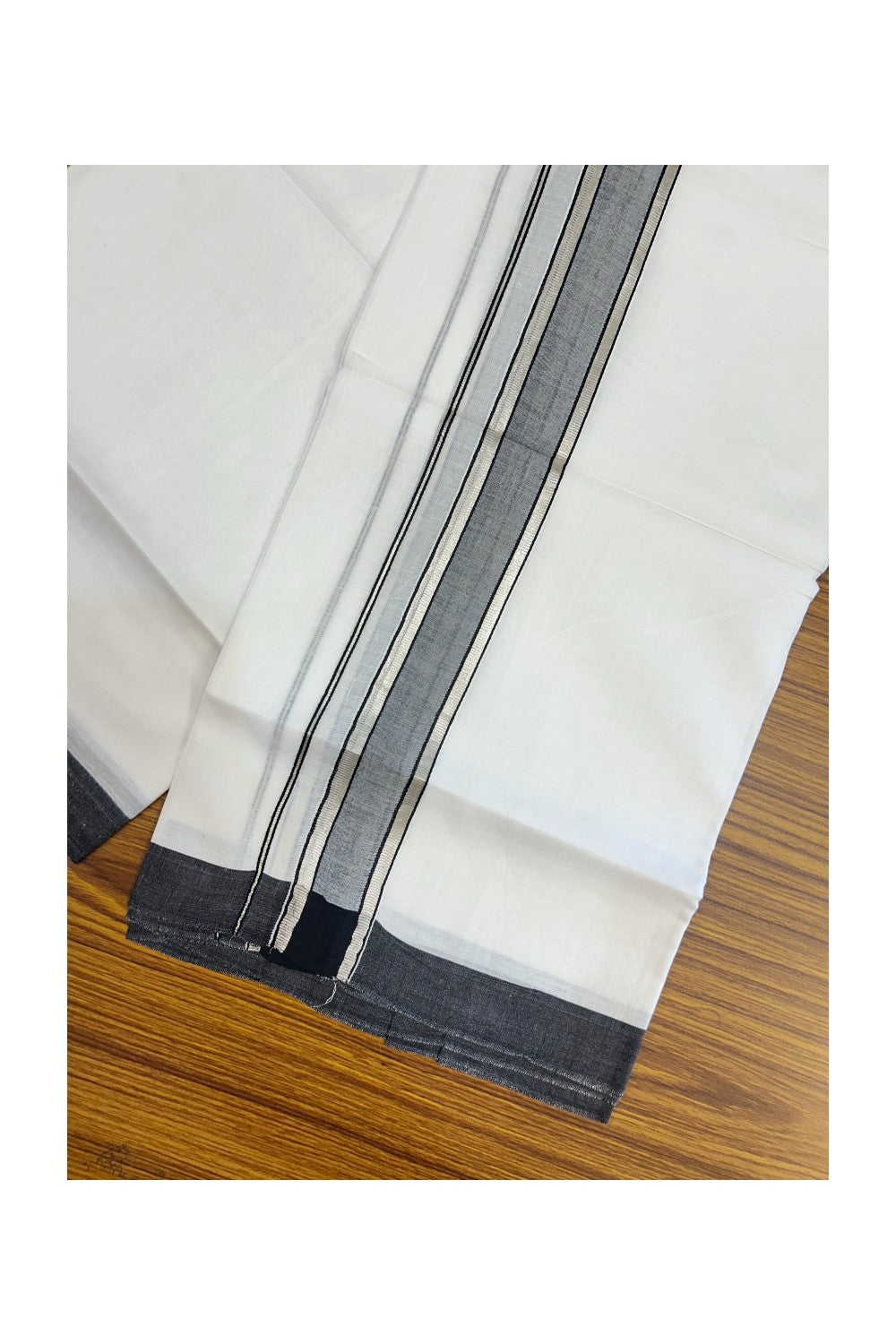 20% DISCOUNT! KaithariKada Balaramapuram 100% Cotton Double Pure white Mundu/Dhoti- 60s - 1.5 inch Silver Kasavu & Black Shaded Kara - 3.86mtr ( 8 muzham) - 38KK5227 PMC