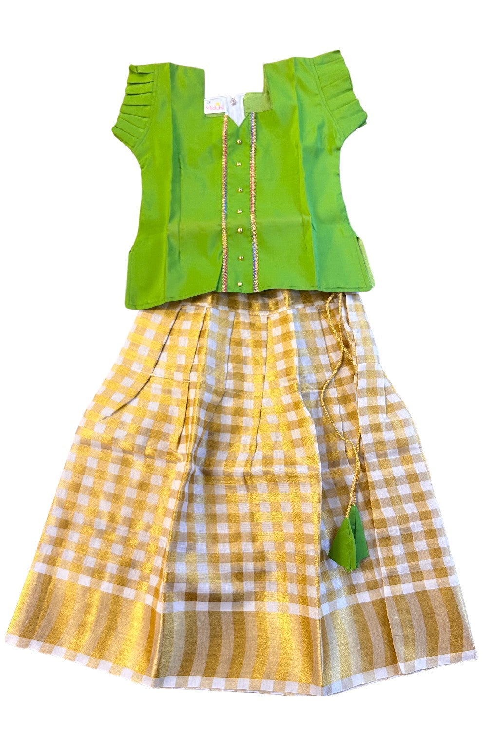 Midukki-Traditional South Indian Kids Pattu Pavada- Lime green top offwhite check skirt- Age 3 - KK3MID0039