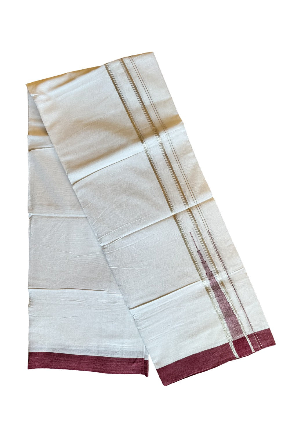 21% DISCOUNT!! Kaitharikada Balaramapuram 100% Cotton PURE WHITE Double Mundu/Dothi-100x100 Puliyilakkara CHUTTY 1.75 Inch Maroon & SILVER STRIPED Cotton Kara - 39KK424CEE