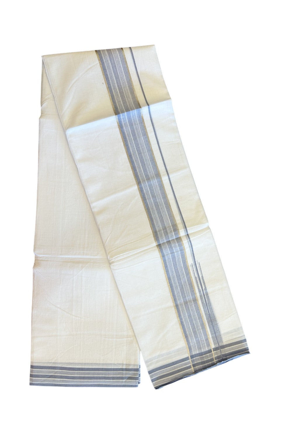 20% DISCOUNT!! Kaitharikada Balaramapuram 100% Cotton PURE WHITE Double Mundu/Dothi - 80X90 - 2 Inch Silver Kasav Ash Blue Stripes Chuty Kara 3.70 m (8 Muzham) - 58KK5115THI