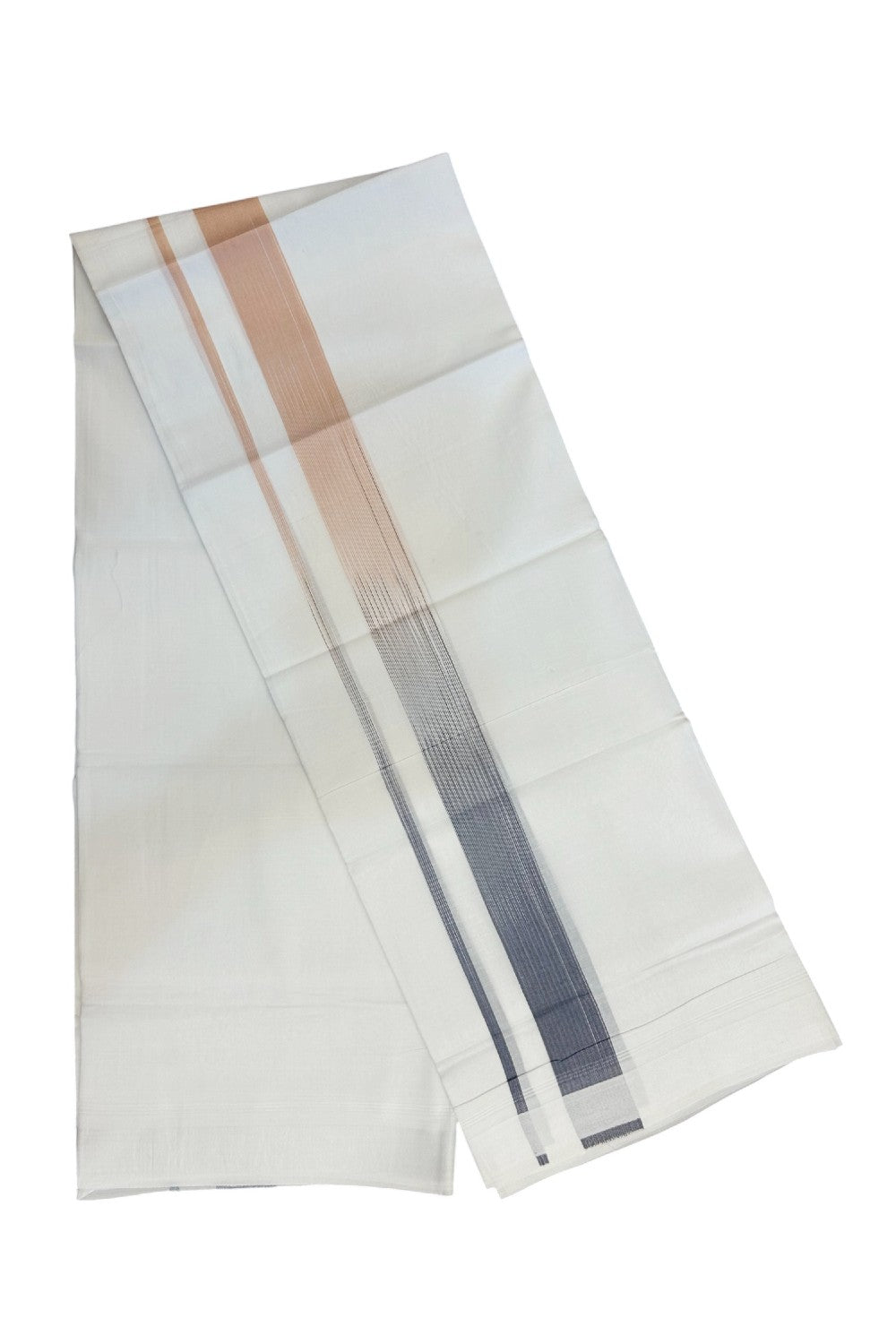 20% Discount!!! KaithariKada Balaramapuram DOUBLE PURE WHITE Mundu/Dhoti - 100X80 - 1.5 inch Navy Blue & Sand Brown Striped Designer Kara - 39KK5174THI