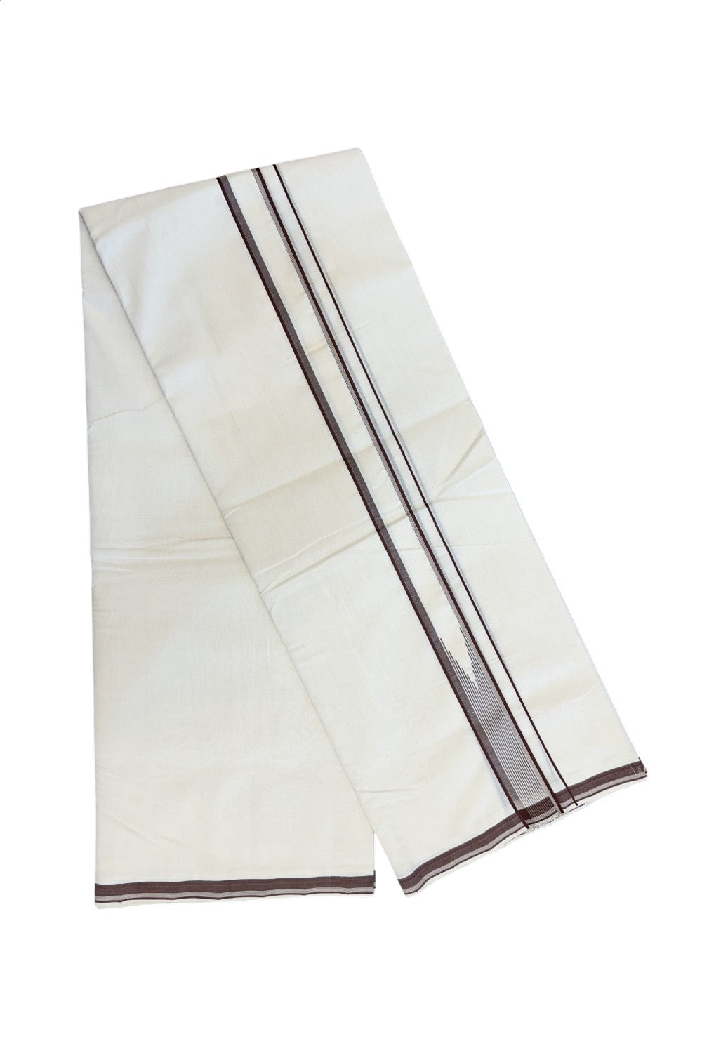 25% DISCOUNT!! KaithariKada HANDLOOM UNAKKUPAAV Balaramapuram - 100% PURE Cotton OFF White - (Unbleached) Double Mundu/Dothi - 80X100 - 1.5 inch Puliyilakkara Brown Striped Chutty Kara 3.80 meter (8.5 Muzham) - 39KK5209 REA