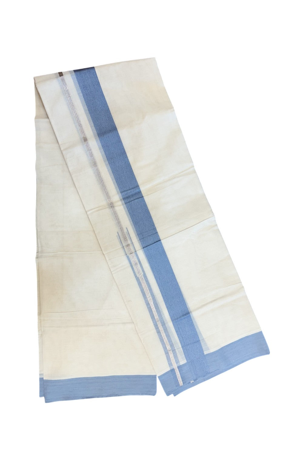 20% Discount ! KaithariKada Balaramapuram 100% Cotton Double OFF WHITE - (Unbleached) - Mundu / Dhoti- 100x80 - Puliyilakkara 1.5 inch Silver kasavu Pale blue striped chutty - 39KK5213 VIN