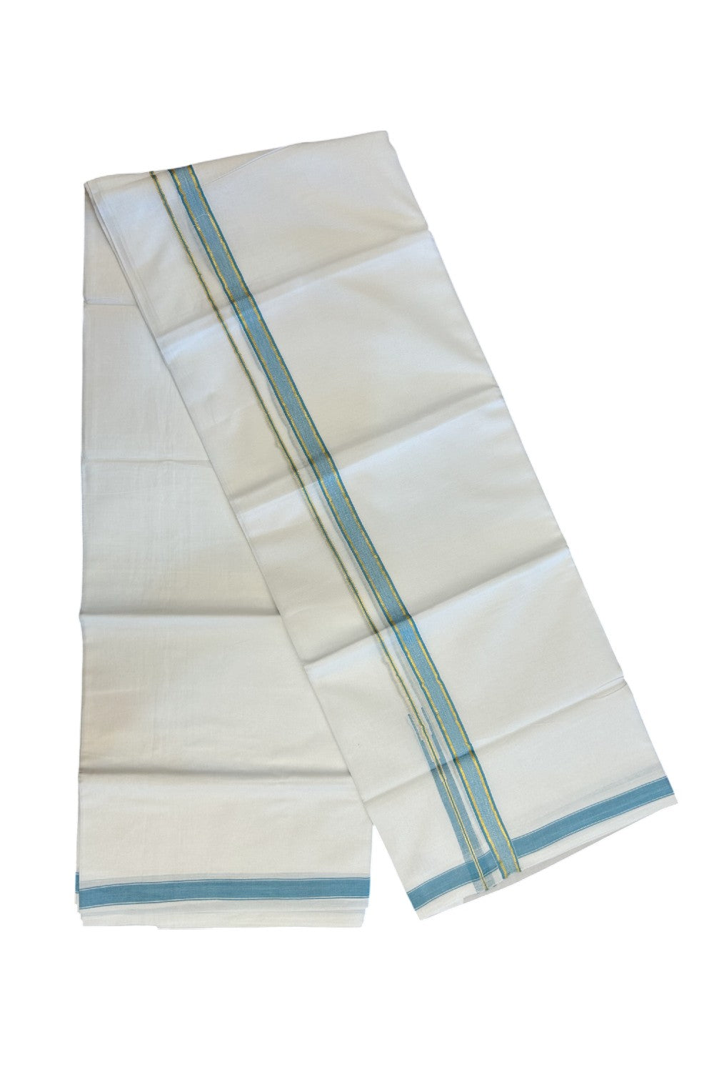 20% DISCOUNT!! Kaitharikada Balaramapuram 100% Pure Cotton PURE WHITE Double Mundu/Dothi - 100x80 - 0.75 Inch Cyan Blue & Gold Kasavu shaded Stripes Puliyilakkara Chutty - 39KK5217 CKS