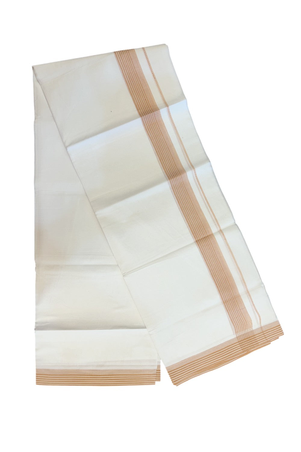 20% Discount ! Kaitharikada Balaramapuram 100% Cotton PURE WHITE Double Mundu/Dothi - 100x80 - 1.5 inch Peach Brown Striped Kara 3.75 mtr (8 muzham) - 39KK5220 THI