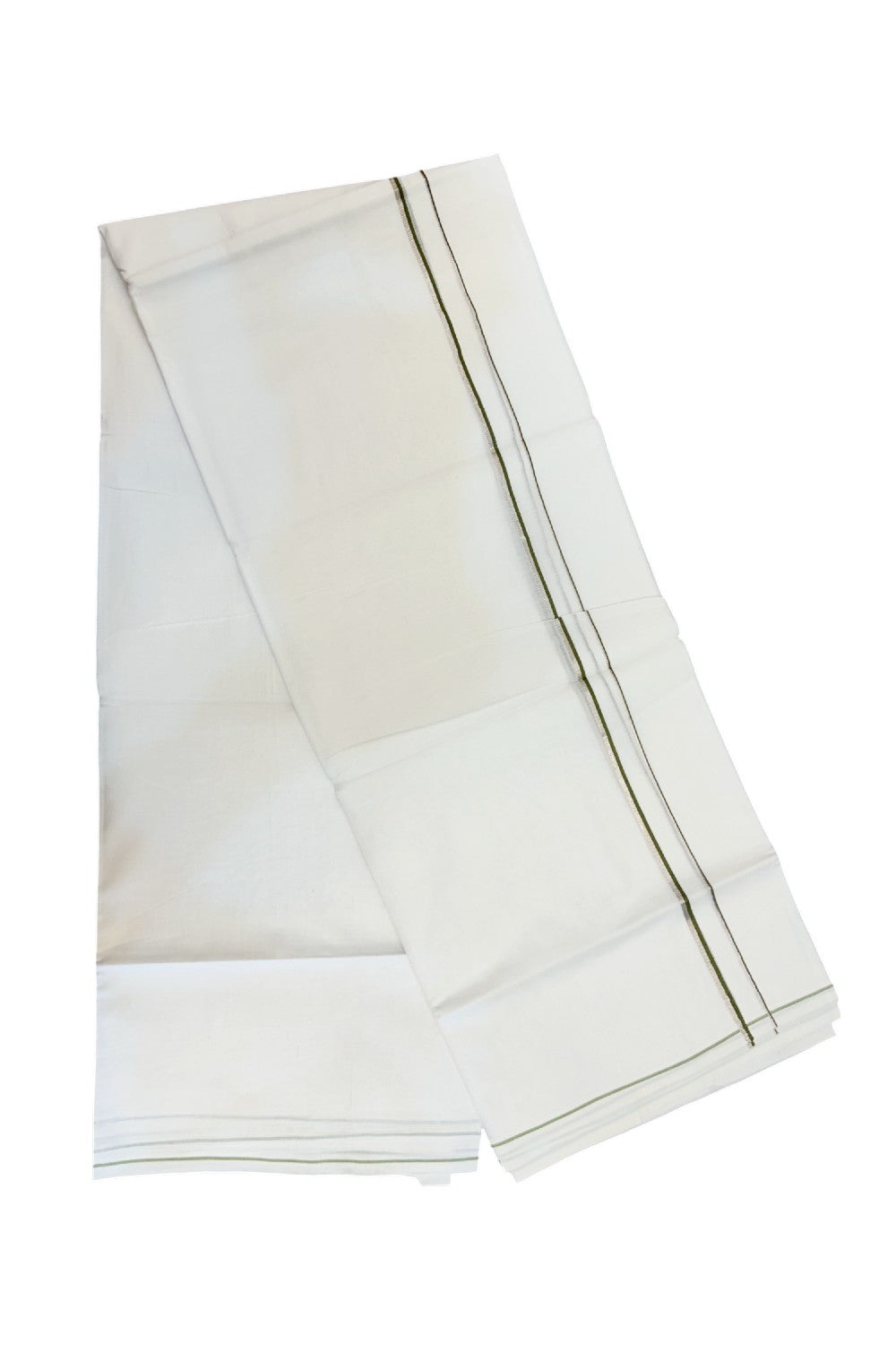 32% DISCOUNT! KaithariKada Balaramapuram 100% Cotton Double Pure white Mundu/Dhoti- 60s - 0.5 cm Silver Kasavu & Olive Green Kara - 3.90mtr ( 8 muzham) - 39KK5227 PMC