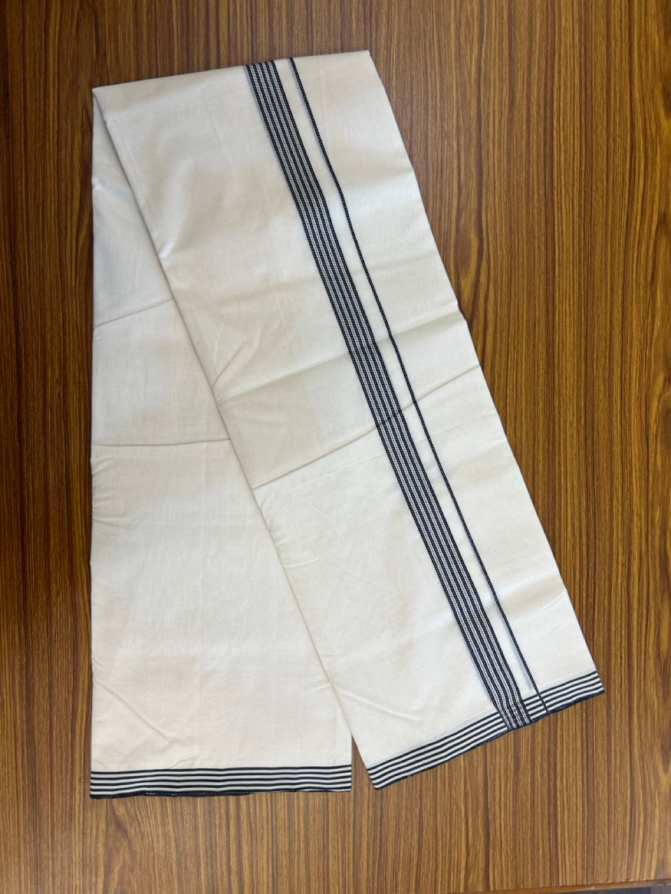 25% Discount! KaithariKada HANDLOOM UNAKKUPAAV Balaramapuram - 100% PURE Cotton OFF White - (Unbleached) Double Mundu/Dothi - 100 x 80 - 1 inch Black White muthukkuri 3.80 meter (8.5 mulam) - 39 KK5249 REA