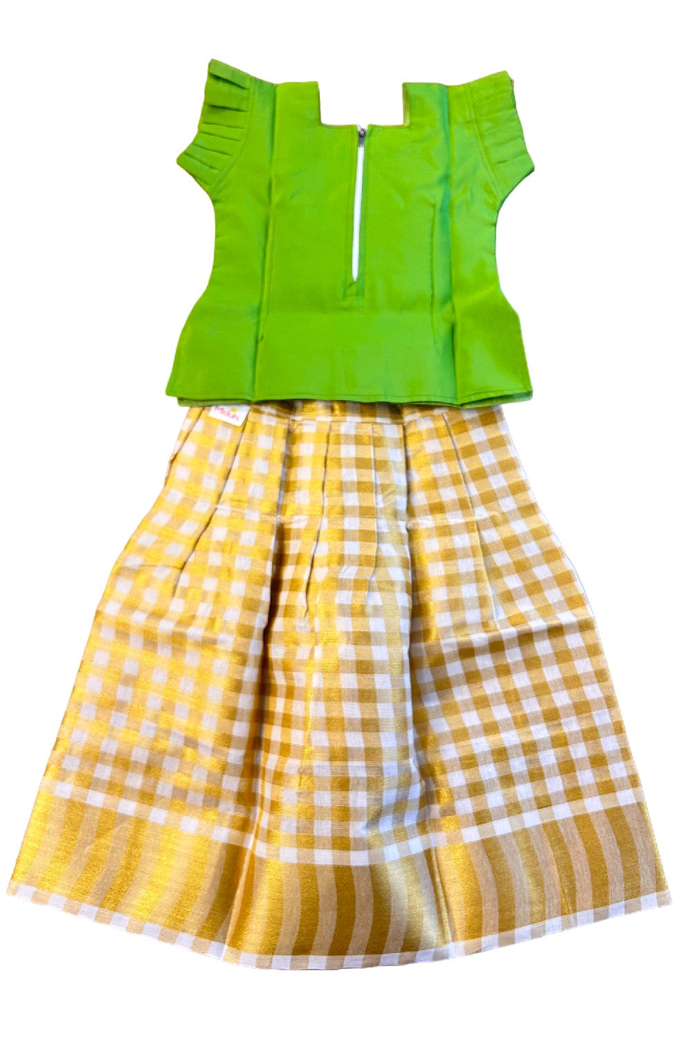 Midukki-Traditional South Indian Kids Pattu Pavada- Lime green top offwhite check skirt- Age 3 - KK3MID0039
