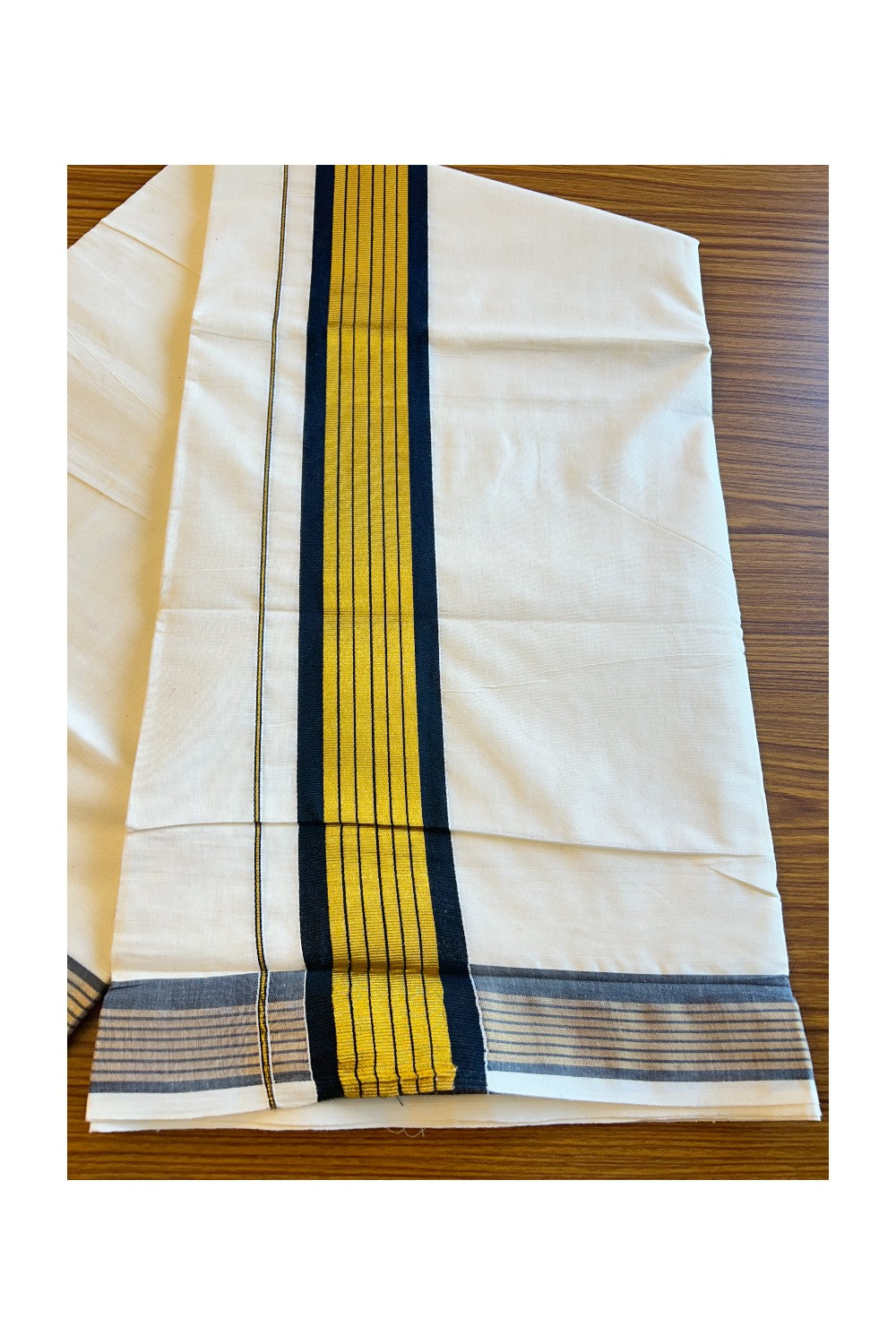 Kaitharikada Kerala Saree - Cotton Kasavu Saree 4Inch Pallu - Black & Gold Kasavu Stripes - 39KK300VIN