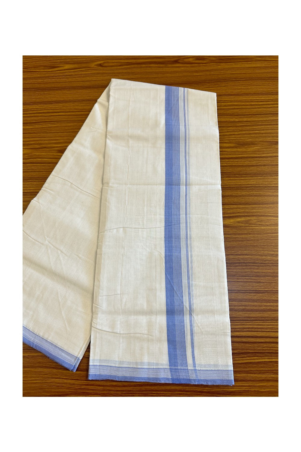 30% Discount!!! KaithariKada HANDLOOM UNAKKUPAAV Balaramapuram - 100% PURE Cotton off white (Unbleached) Double Mundu/Dhoti - Lavender blue & white stripes kara - 39KK458SOM