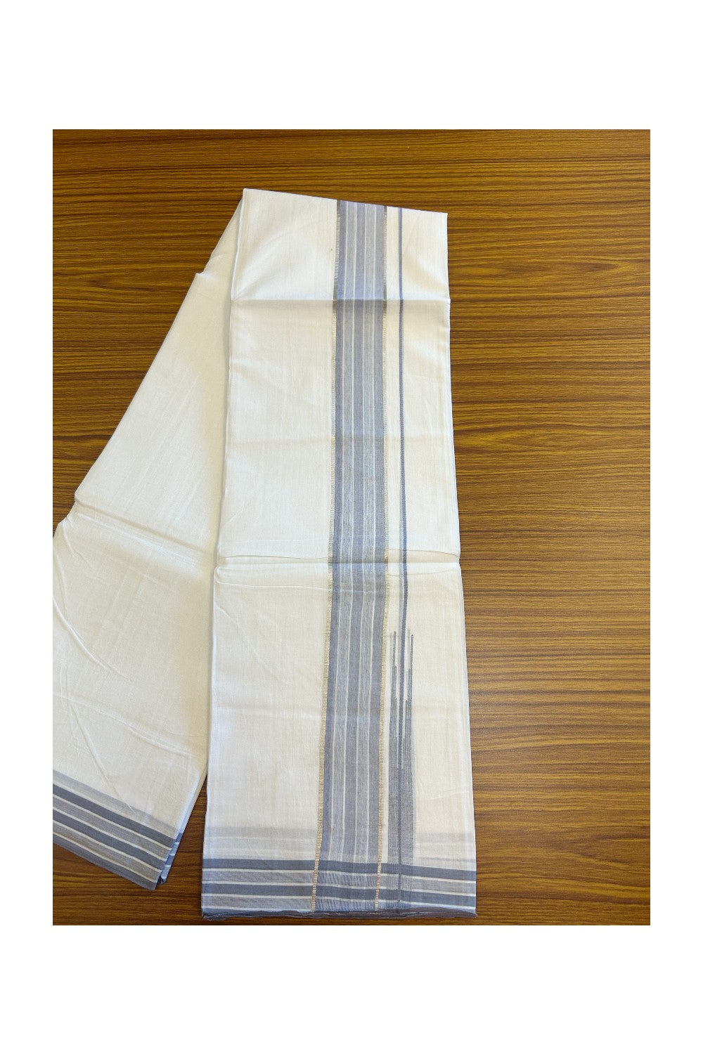 20% DISCOUNT!! Kaitharikada Balaramapuram 100% Cotton PURE WHITE Double Mundu/Dothi - 80X90 - 2 Inch Silver Kasav Ash Blue Stripes Chuty Kara 3.70 m (8 Muzham) - 58KK5115THI