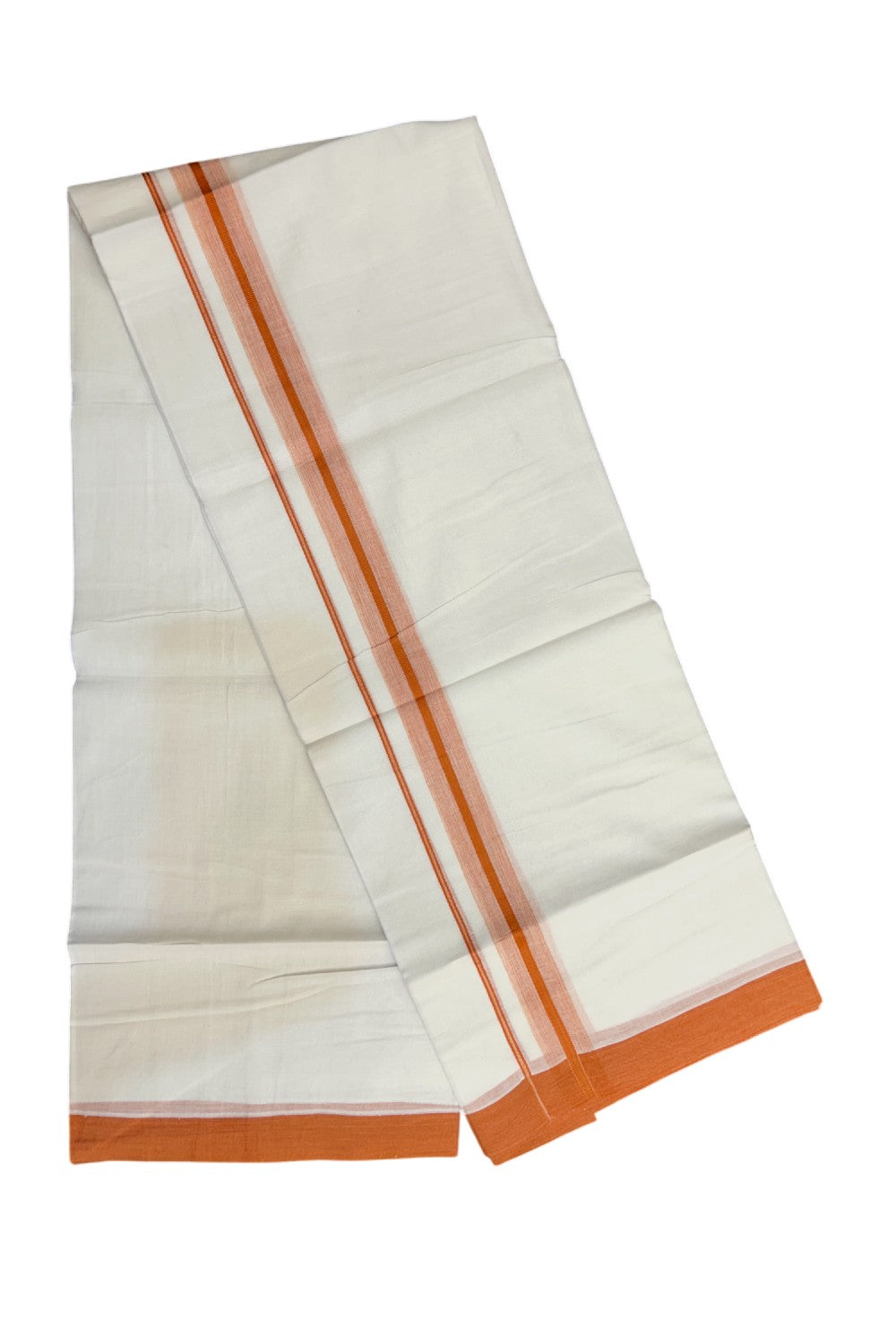 31% DISCOUNT! KaithariKada Balaramapuram 100% Cotton Double PURE white Mundu/Dhoti-100x80 - 1.25inch Orange Design Kara - 39KK5143PMC