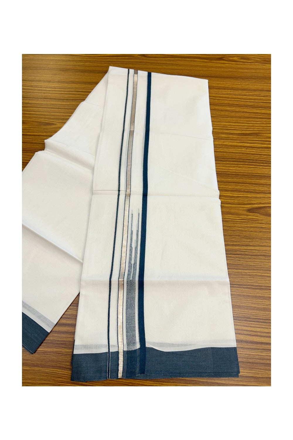 20% Discount ! Kaitharikada Balaramapuram 100% Cotton PURE WHITE Double Mundu/Dothi - 100x80 - 1.5 inch Silver Kasavu & Peacock Blue Striped chutty kara - 39KK5183VIN