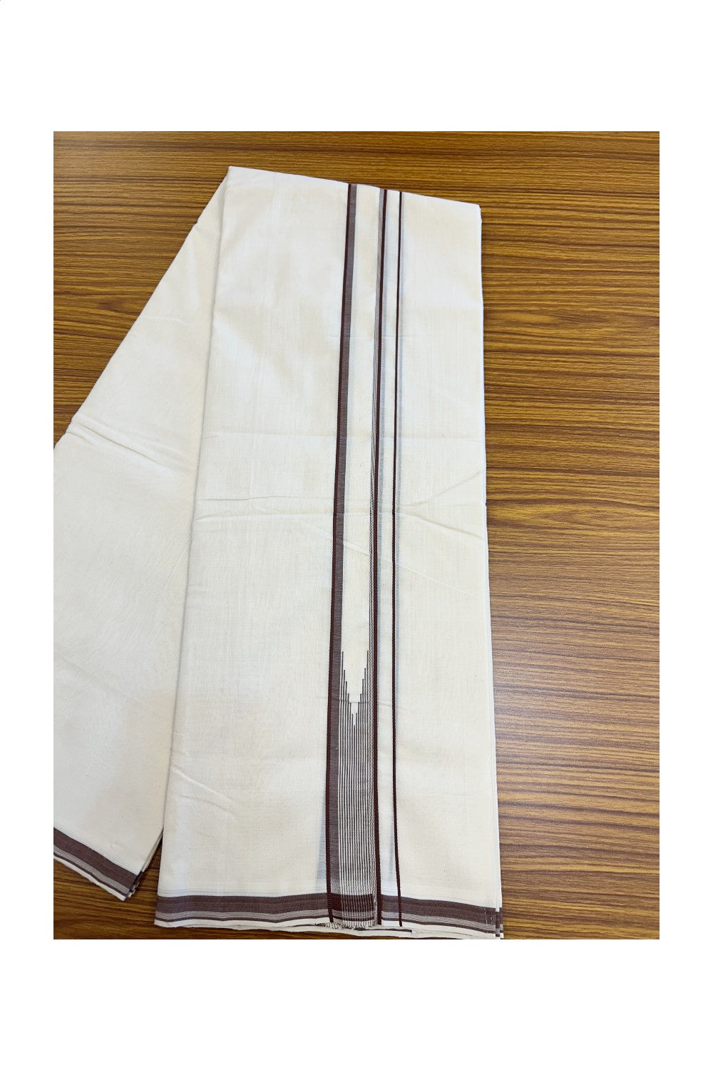 25% DISCOUNT!! KaithariKada HANDLOOM UNAKKUPAAV Balaramapuram - 100% PURE Cotton OFF White - (Unbleached) Double Mundu/Dothi - 80X100 - 1.5 inch Puliyilakkara Brown Striped Chutty Kara 3.80 meter (8.5 Muzham) - 39KK5209 REA