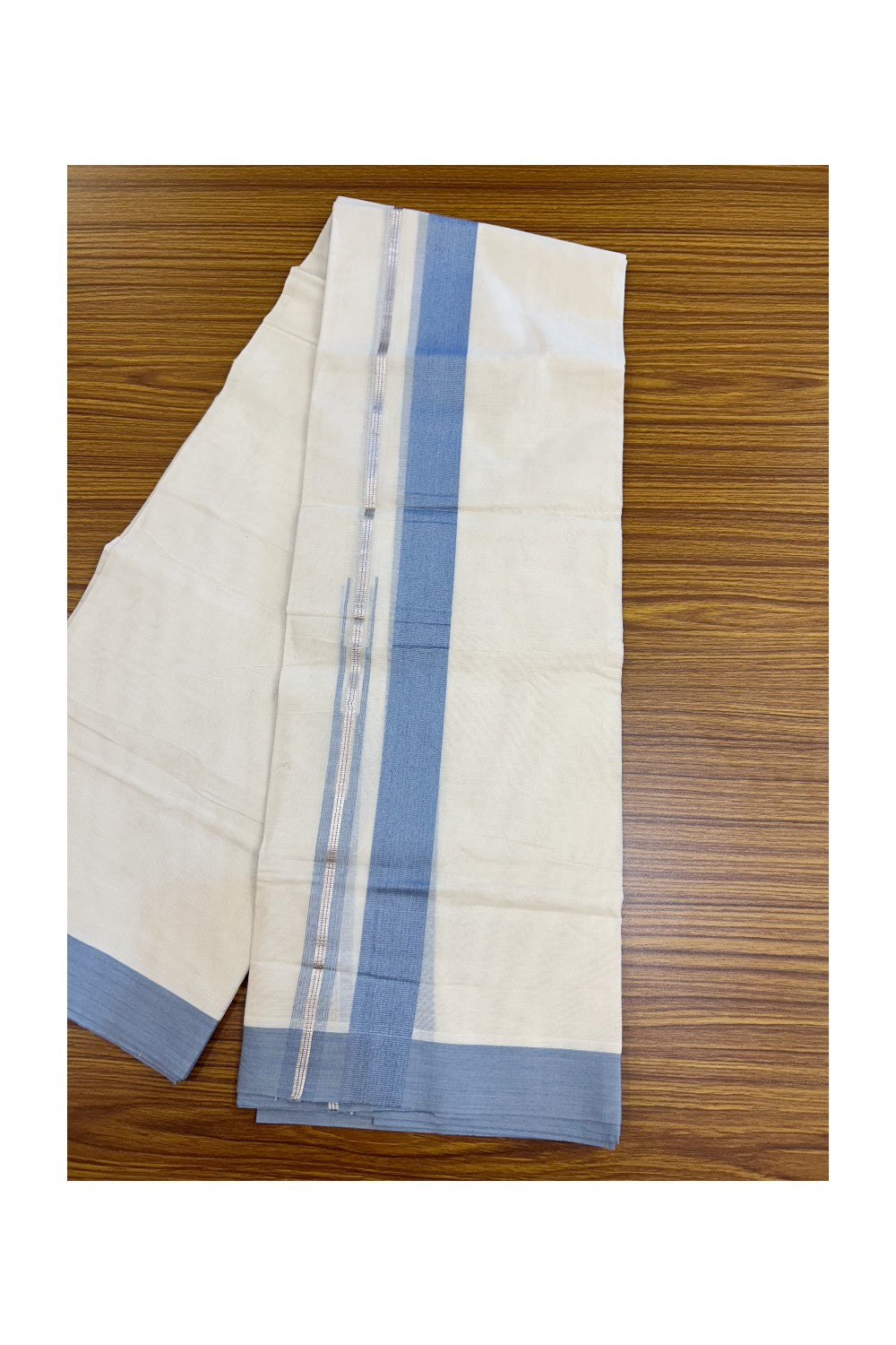 20% Discount ! KaithariKada Balaramapuram 100% Cotton Double OFF WHITE - (Unbleached) - Mundu / Dhoti- 100x80 - Puliyilakkara 1.5 inch Silver kasavu Pale blue striped chutty - 39KK5213 VIN
