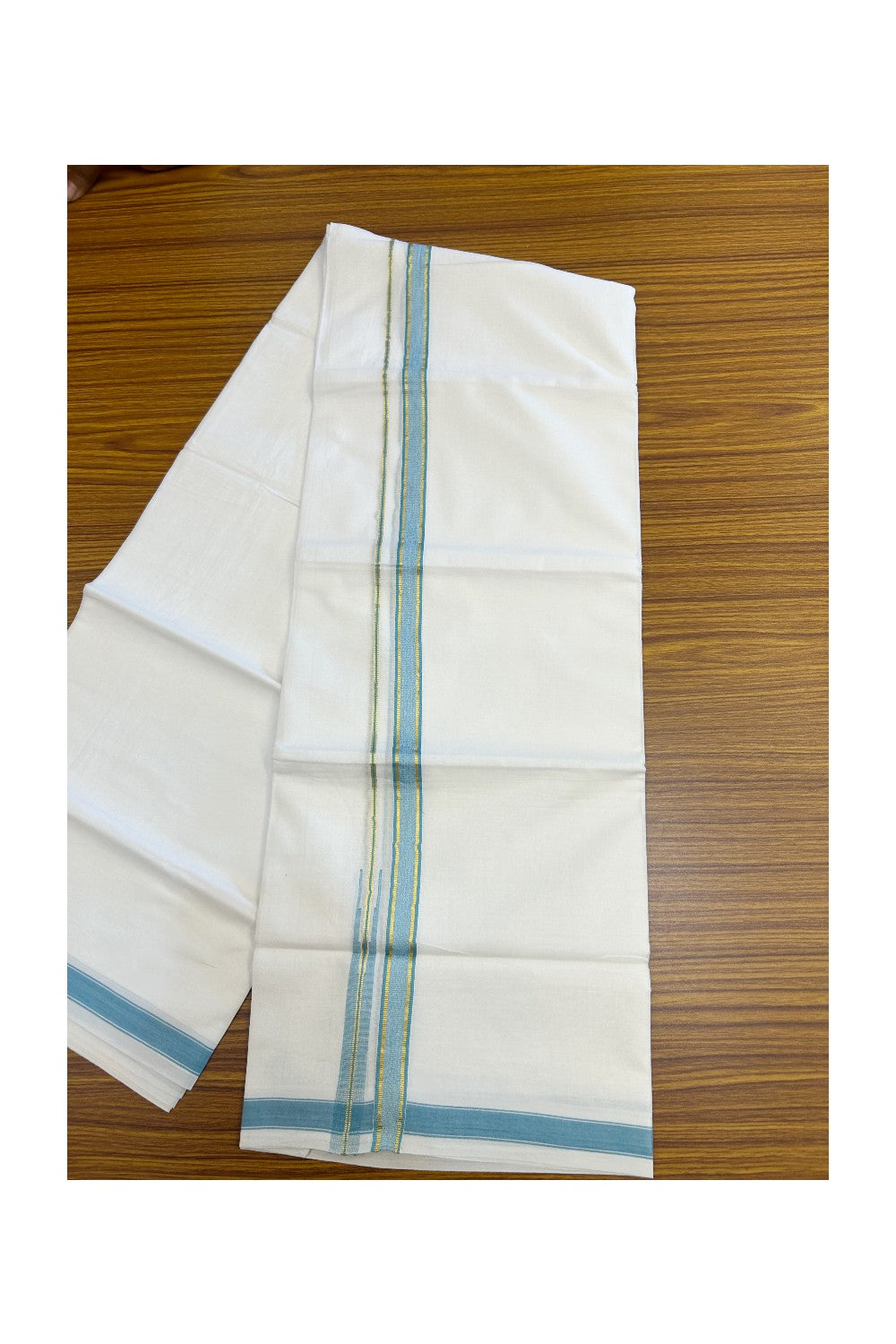 20% DISCOUNT!! Kaitharikada Balaramapuram 100% Pure Cotton PURE WHITE Double Mundu/Dothi - 100x80 - 0.75 Inch Cyan Blue & Gold Kasavu shaded Stripes Puliyilakkara Chutty - 39KK5217 CKS