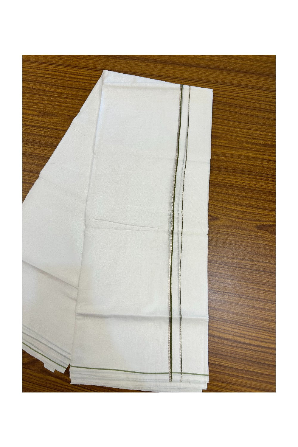 32% DISCOUNT! KaithariKada Balaramapuram 100% Cotton Double Pure white Mundu/Dhoti- 60s - 0.5 cm Silver Kasavu & Olive Green Kara - 3.90mtr ( 8 muzham) - 39KK5227 PMC