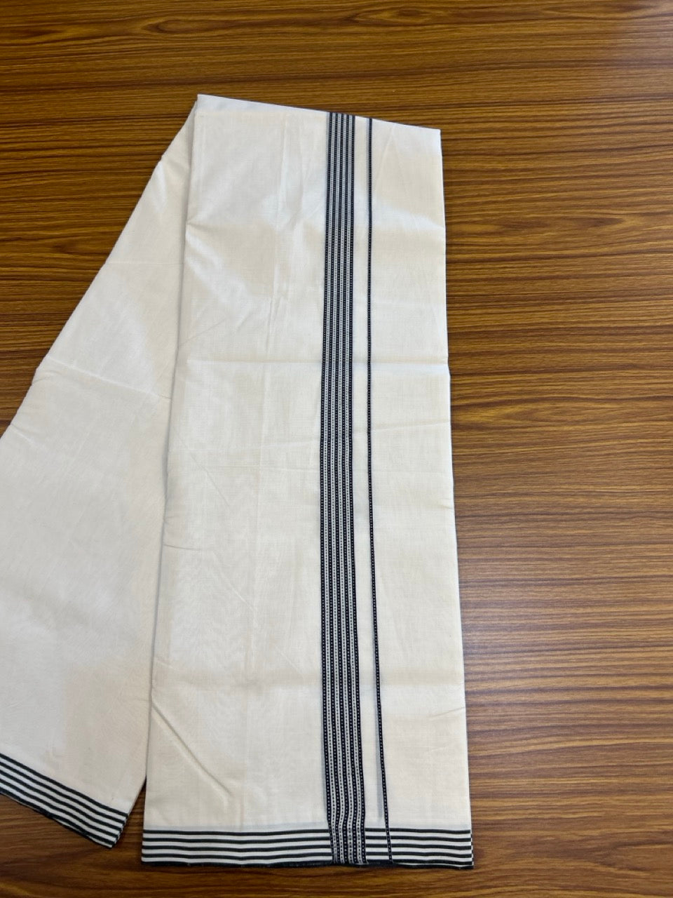 25% Discount! KaithariKada HANDLOOM UNAKKUPAAV Balaramapuram - 100% PURE Cotton OFF White - (Unbleached) Double Mundu/Dothi - 100 x 80 - 1 inch Black White muthukkuri 3.80 meter (8.5 mulam) - 39 KK5249 REA