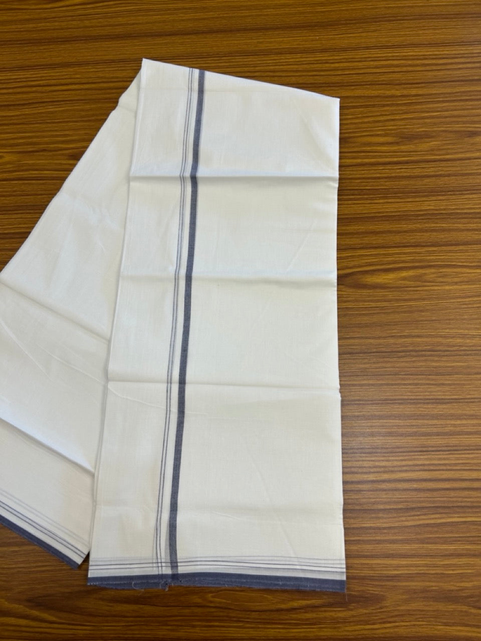 20% DISCOUNT!! NEW!! KaithariKada Balaramapuram 100% Cotton PURE WHITE Double Mundu/Dhoti - (100x80)s - 0.5 inch Dark Navy Blue Kara - 47 KK5249 VIN
