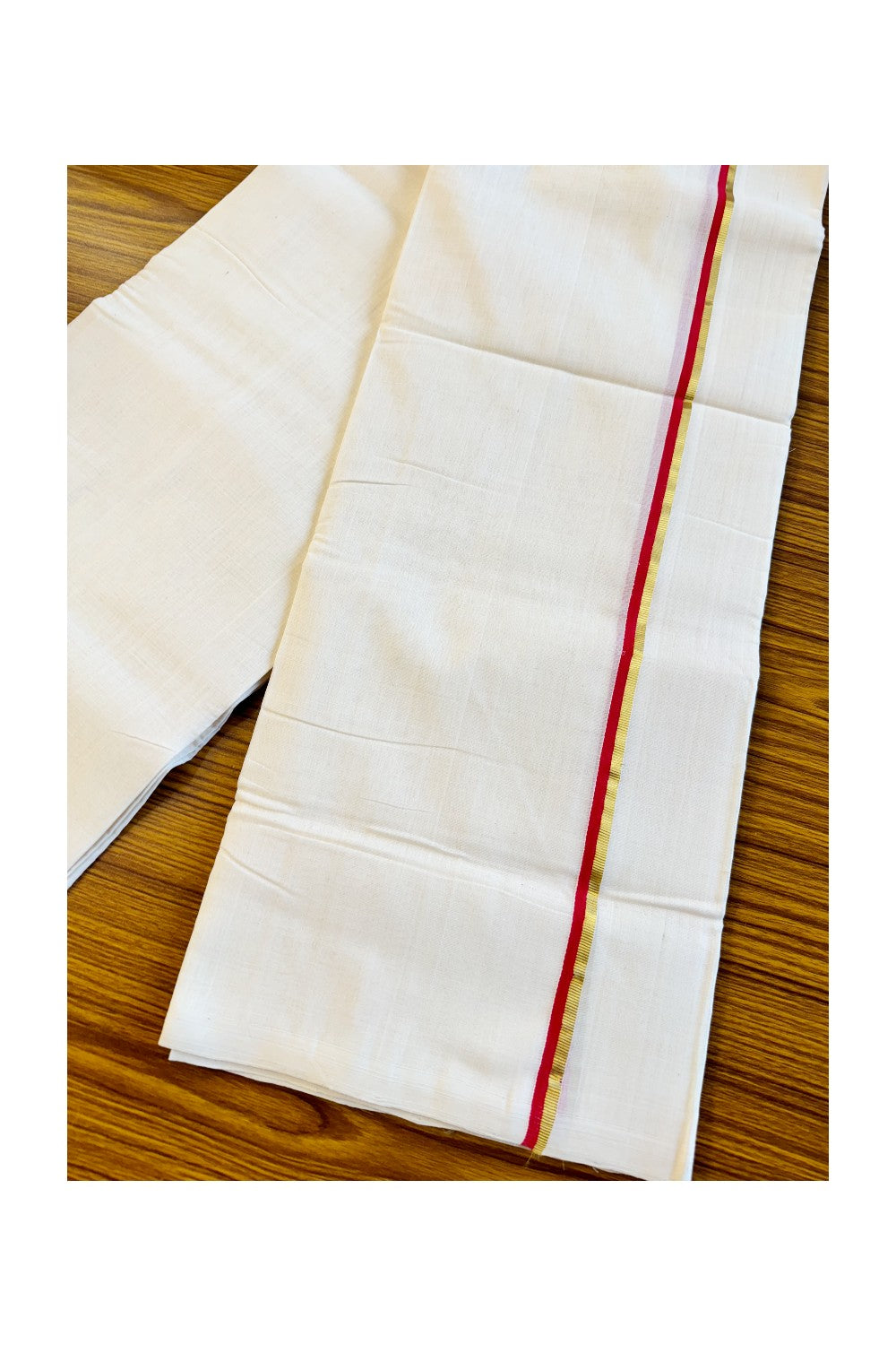 25% DISCOUNT!! KaithariKada HANDLOOM Unakkupaavu Balaramapuram - 100% PURE Cotton OFF White (Unbleached) Double Mundu/Dothi - RED KASAVU 2 .cm Kara- KK46SOM-39.