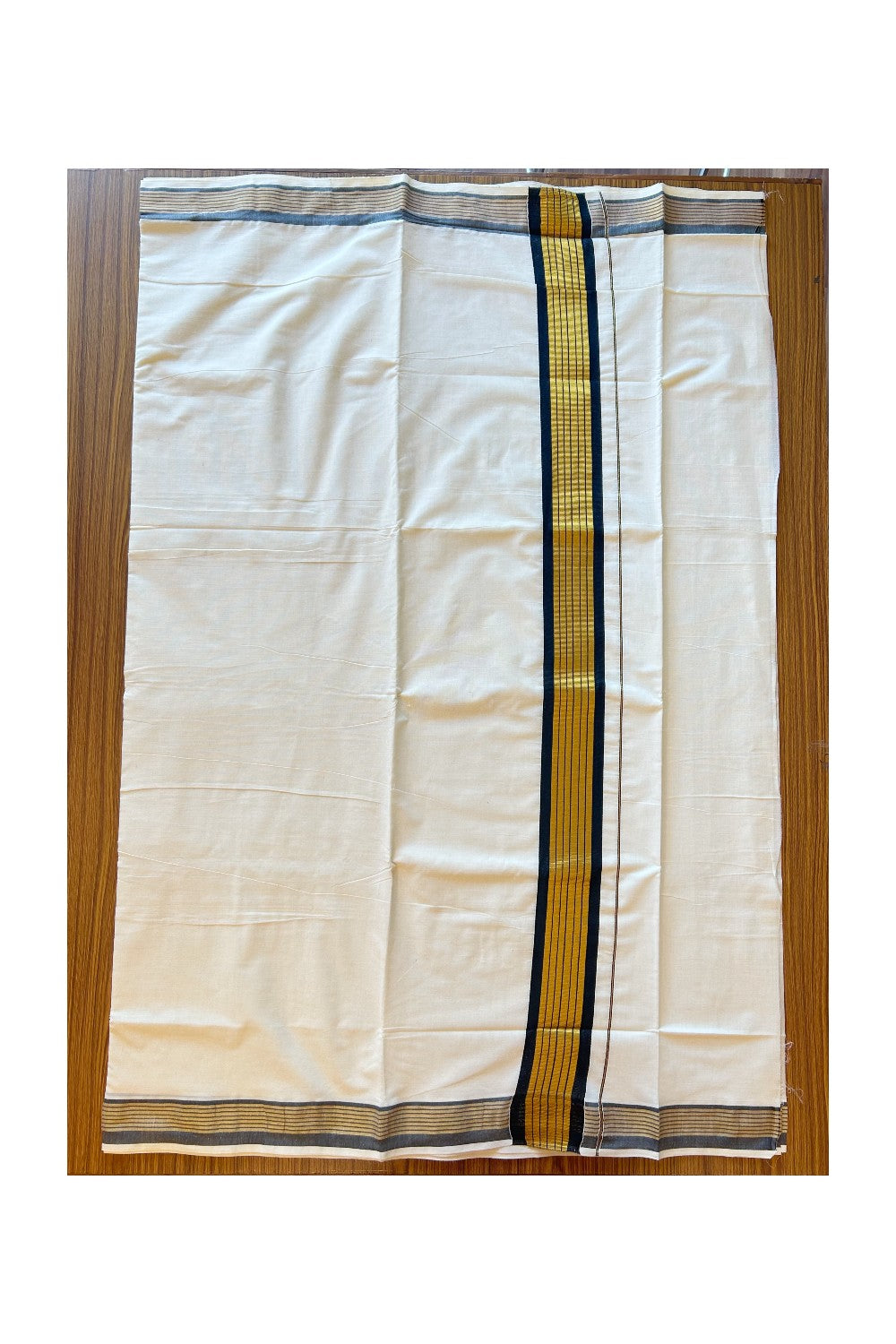 Kaitharikada Kerala Saree - Cotton Kasavu Saree 4Inch Pallu - Black & Gold Kasavu Stripes - 39KK300VIN