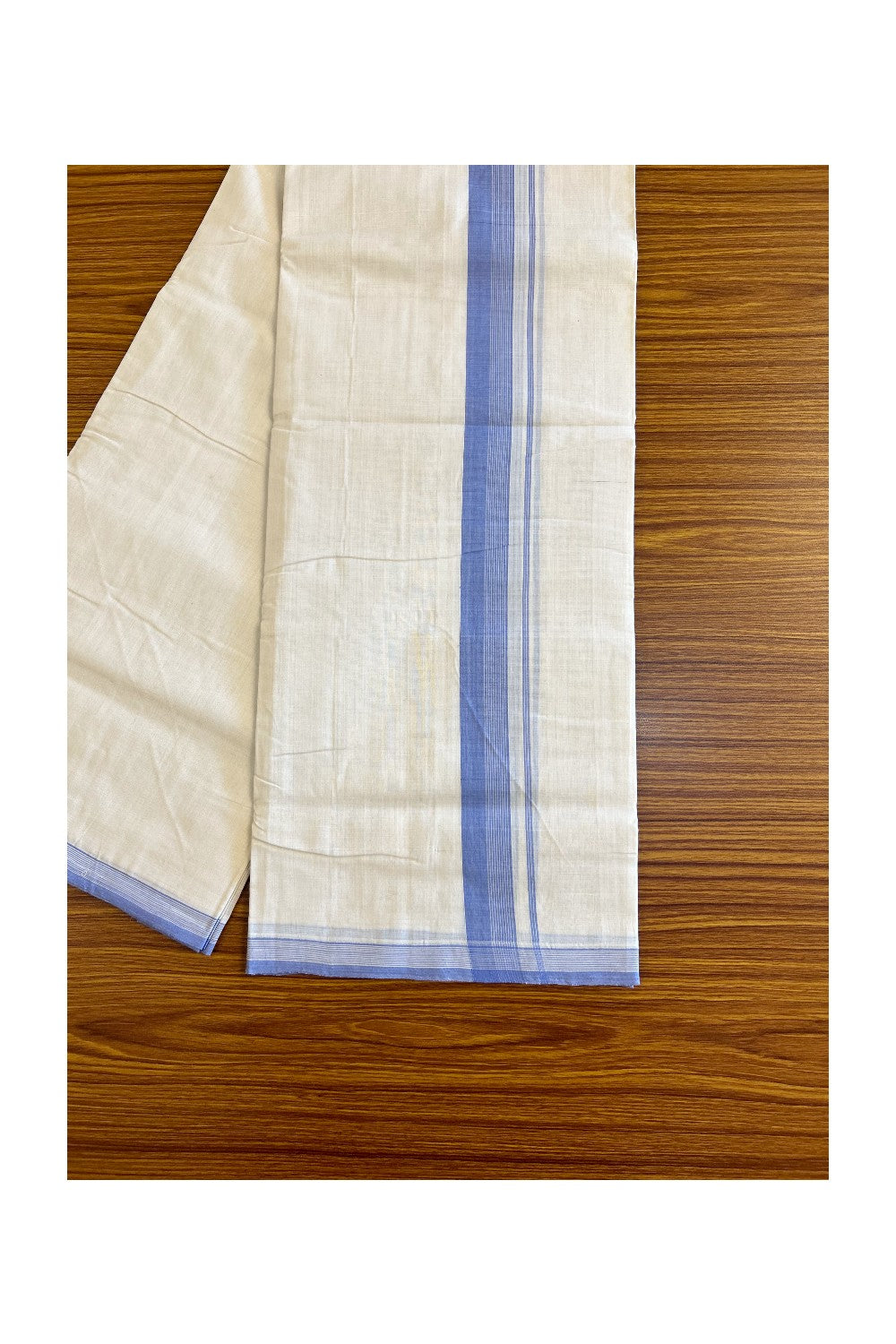 30% Discount!!! KaithariKada HANDLOOM UNAKKUPAAV Balaramapuram - 100% PURE Cotton off white (Unbleached) Double Mundu/Dhoti - Lavender blue & white stripes kara - 39KK458SOM