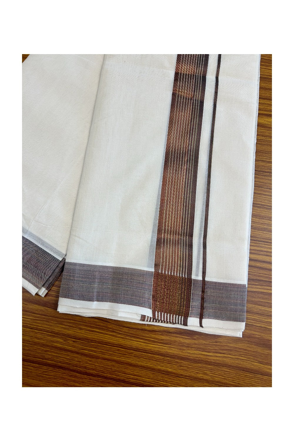 25% DISCOUNT!! KaithariKada HANDLOOM Millpaav Balaramapuram - 100% PURE Cotton OFF White Double - (Unbleached) Mundu/Dothi - 2.75 inch BROWN GOLD kasavu Stripes Kara - 39KK5029RAM