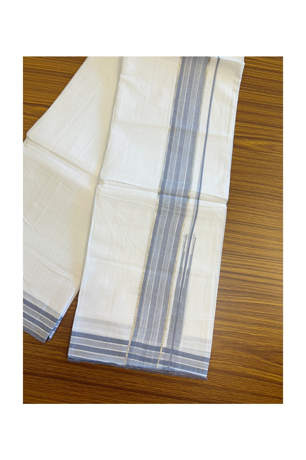 20% Discount!! Kaitharikada Balaramapuram 100% Cotton Pure White Double Mundu/Dhoti - 80X90 - 2 Inch Silver Kasav Ash Blue Stripes Chuty Kara 3.70 m (8 Muzham) - 58KK5115THI