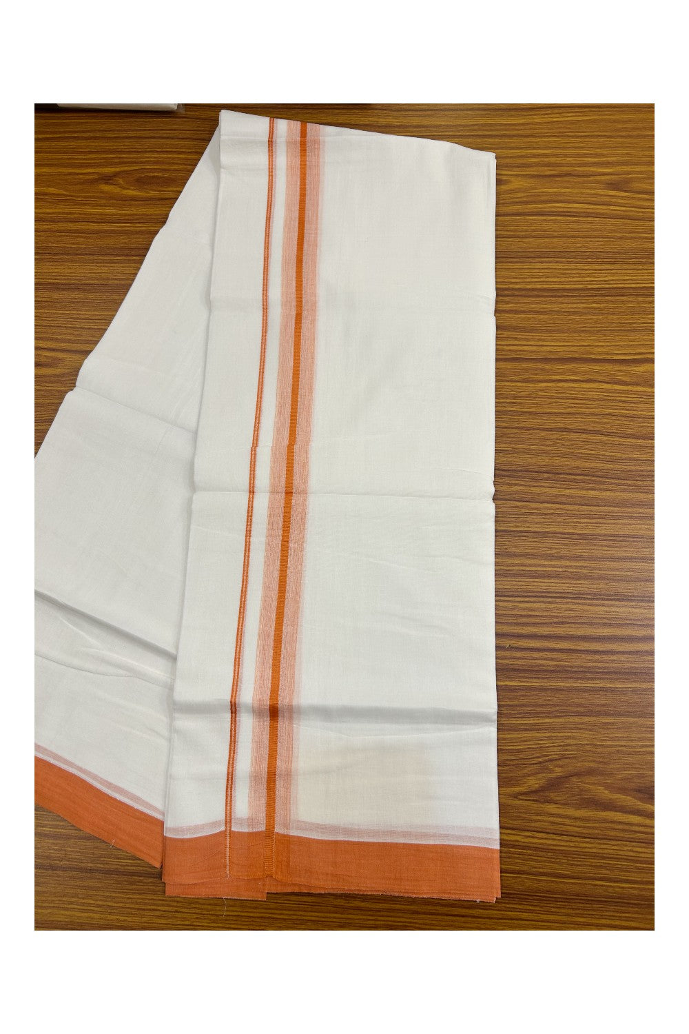 31% DISCOUNT! KaithariKada Balaramapuram 100% Cotton Double PURE white Mundu/Dhoti-100x80 - 1.25inch Orange Design Kara - 39KK5143PMC