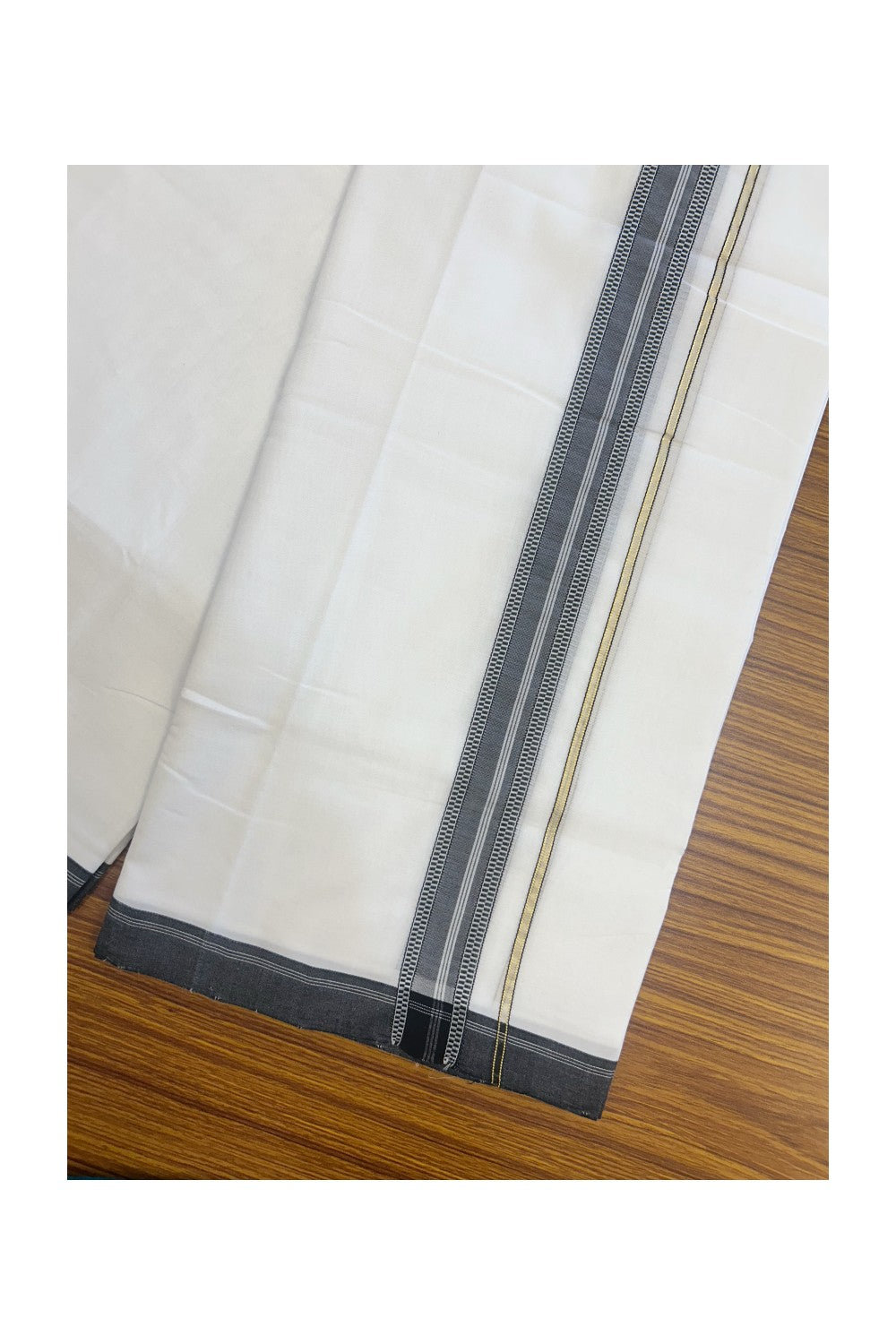 25% Discount! NEW ULTRA PURE WHITE HANDLOOM Balaramapuram - 100% Mercerised Cotton Double Mundu/Dhoti - 120(Twisted) x 80 - 1.25 inch Pure JERRY Black shaded muthukuri & White stripes Kara 3.80 meter (8.5 Muzham) - 41KK5167REA