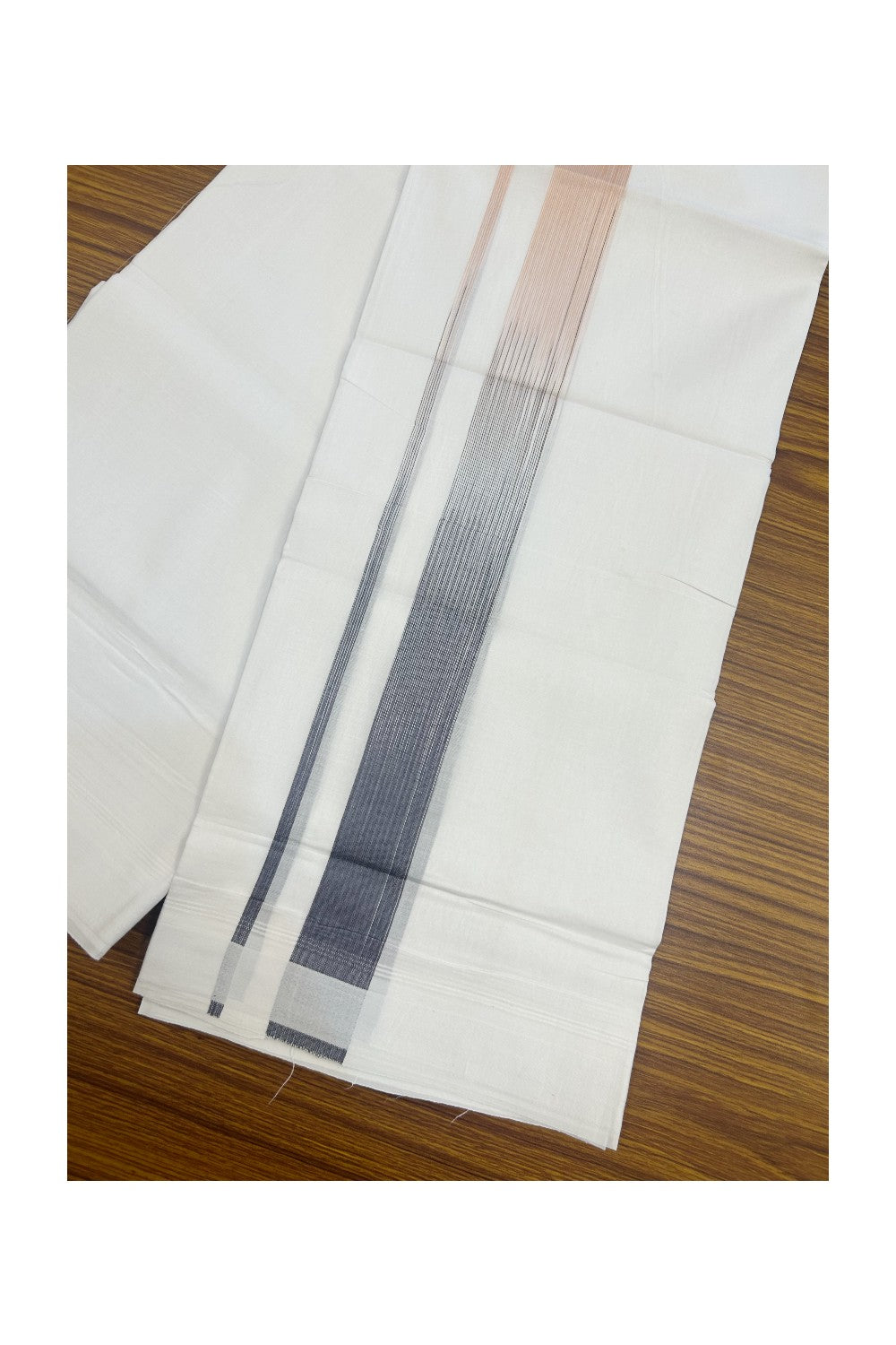 20% Discount!!! KaithariKada Balaramapuram DOUBLE PURE WHITE Mundu/Dhoti - 100X80 - 1.5 inch Navy Blue & Sand Brown Striped Designer Kara - 39KK5174THI